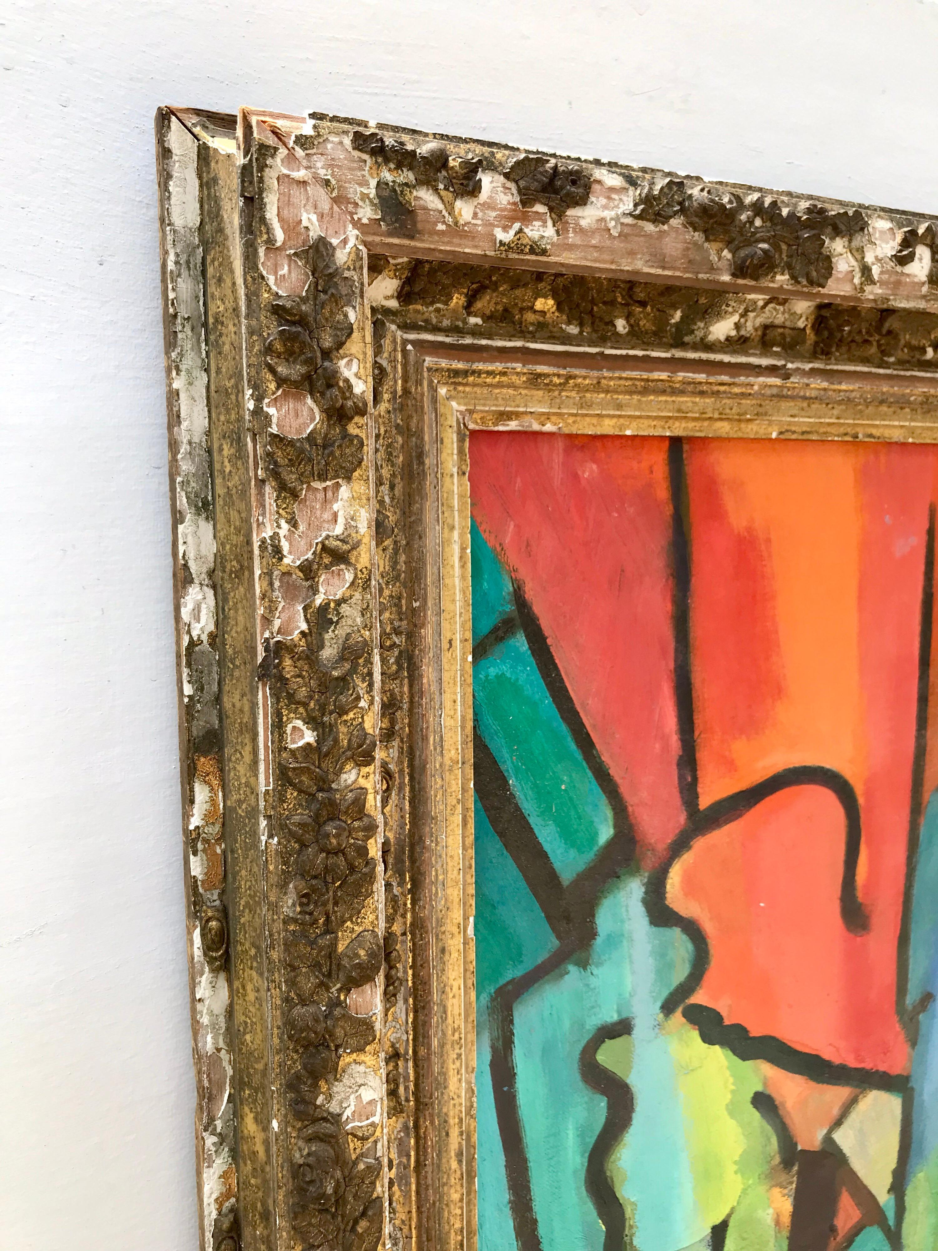 Painted Mid 20th Century Abstract Painting Framed in Antique Gilt Wood Frame For Sale
