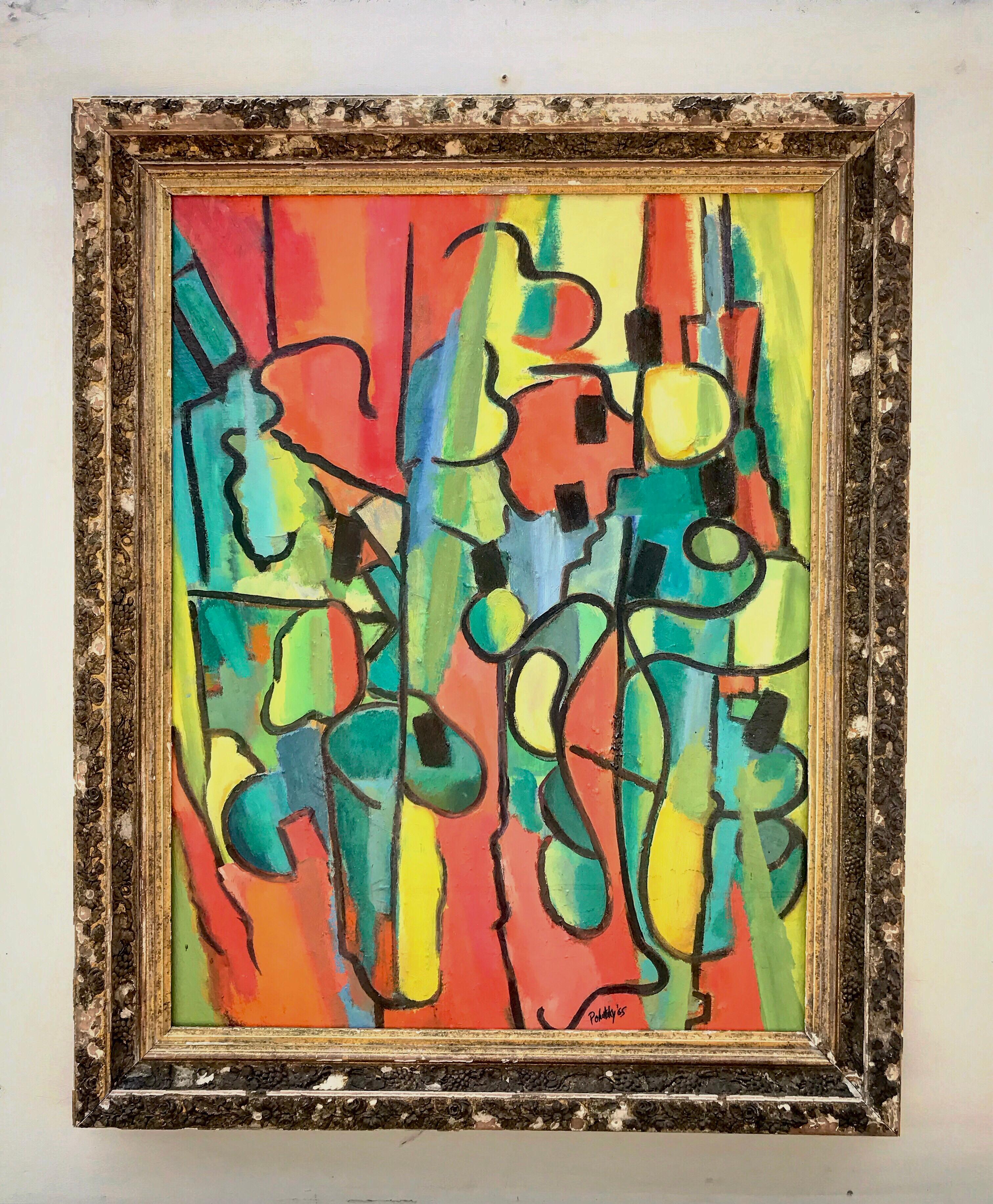 Mid 20th Century Abstract Painting Framed in Antique Gilt Wood Frame In Good Condition For Sale In Charlottesville, VA