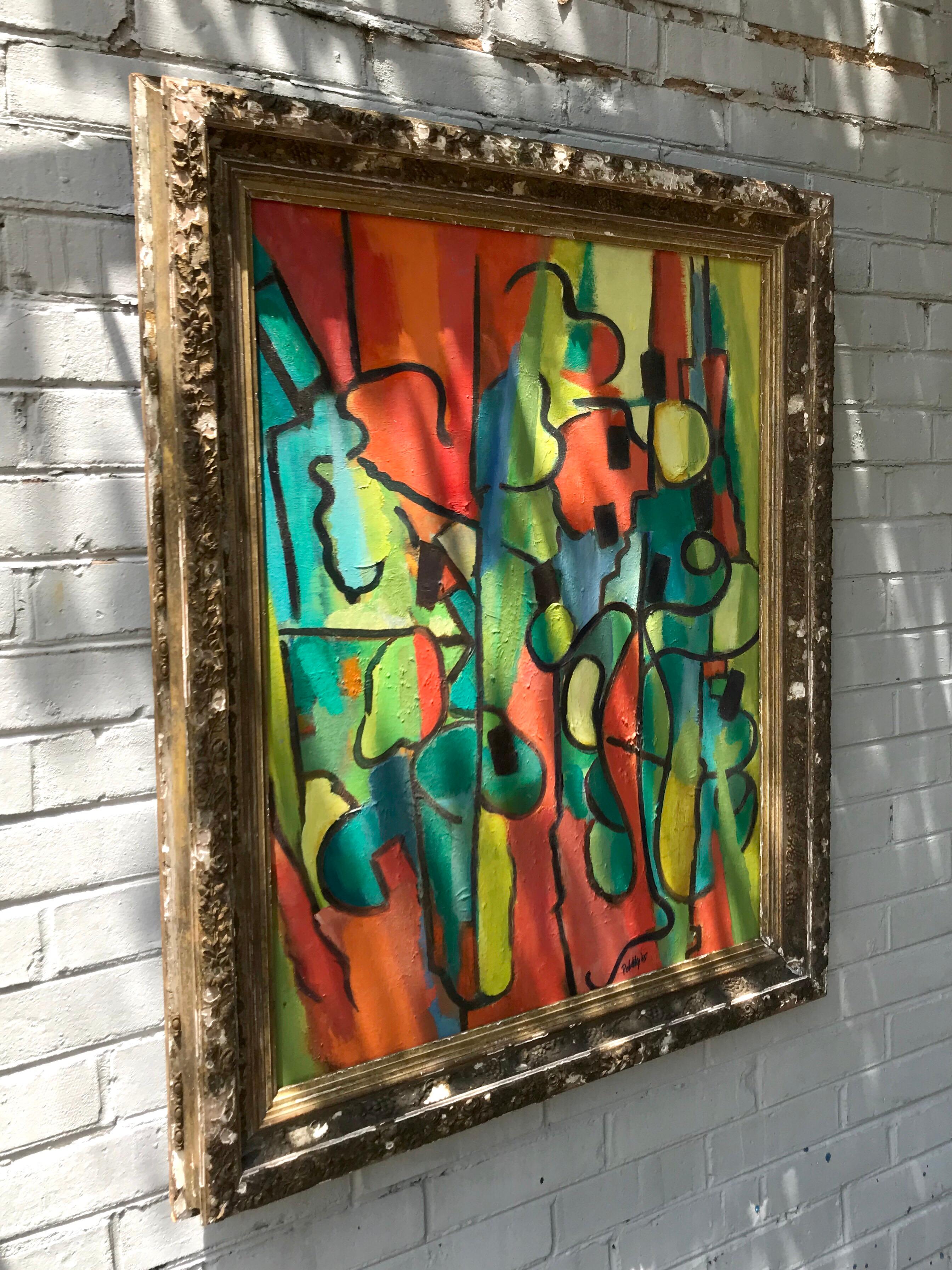 Mid 20th Century Abstract Painting Framed in Antique Gilt Wood Frame For Sale 1