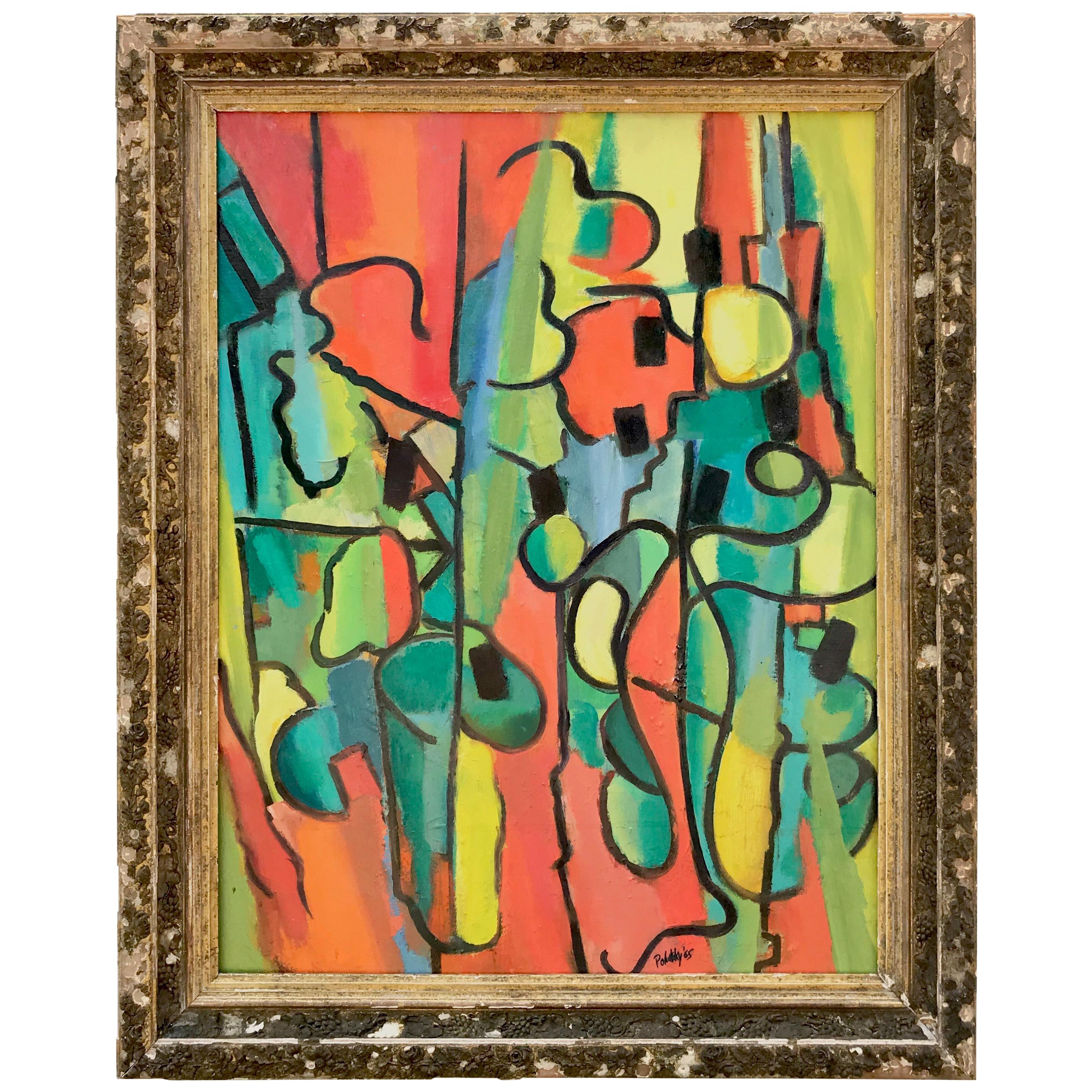 Mid 20th Century Abstract Painting Framed in Antique Gilt Wood Frame For Sale