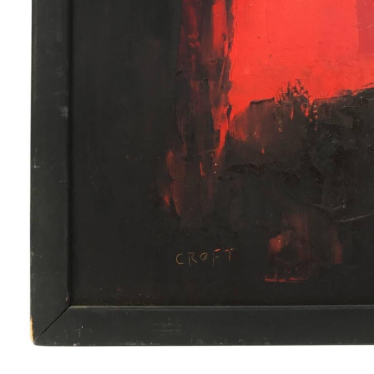 Midcentury abstract painting in black, red and ochre. Signed 