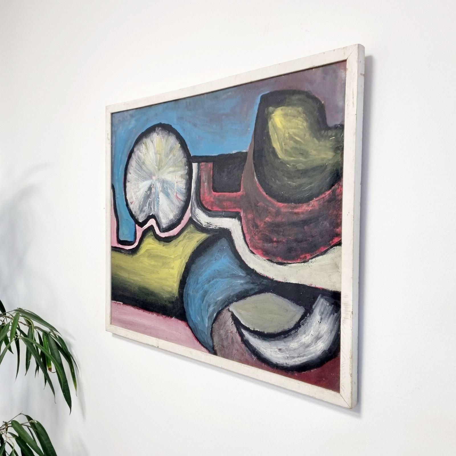 Mid Century Abstract Painting, Oil on Wood, Original Painting, Italy 1976 For Sale 5