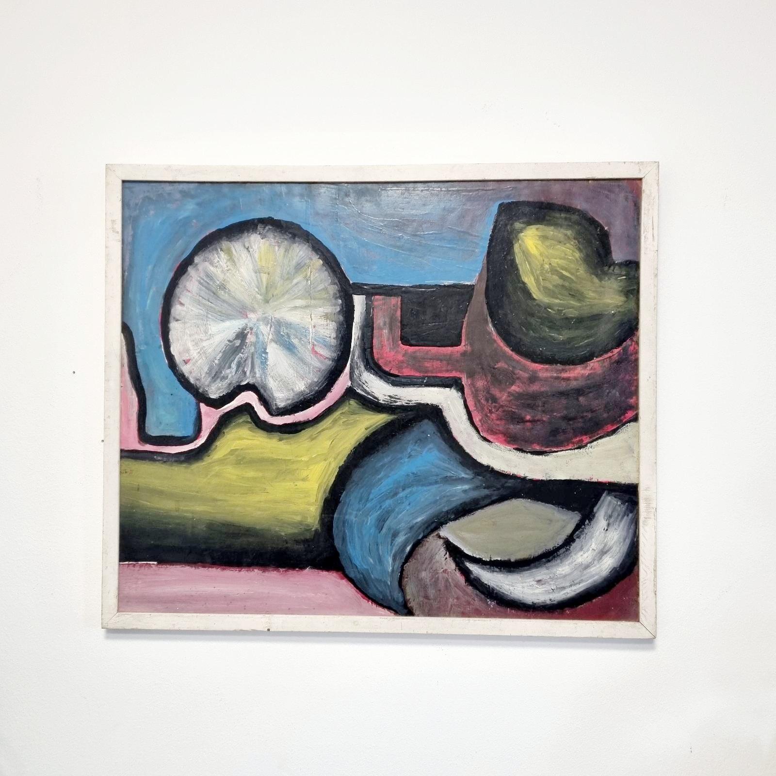 Italian Mid Century Abstract Painting, Oil on Wood, Original Painting, Italy 1976 For Sale