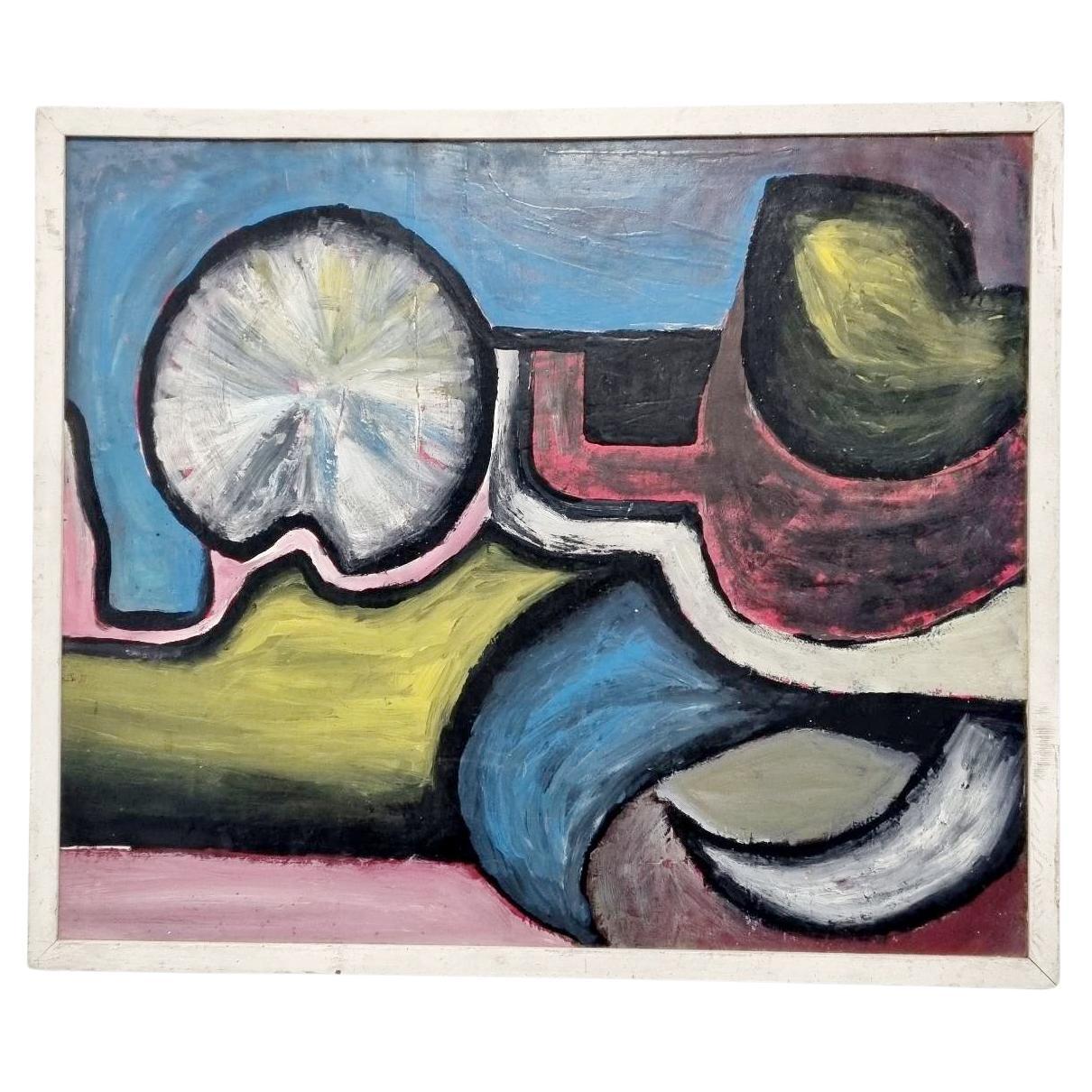 Mid Century Abstract Painting, Oil on Wood, Original Painting, Italy 1976 For Sale