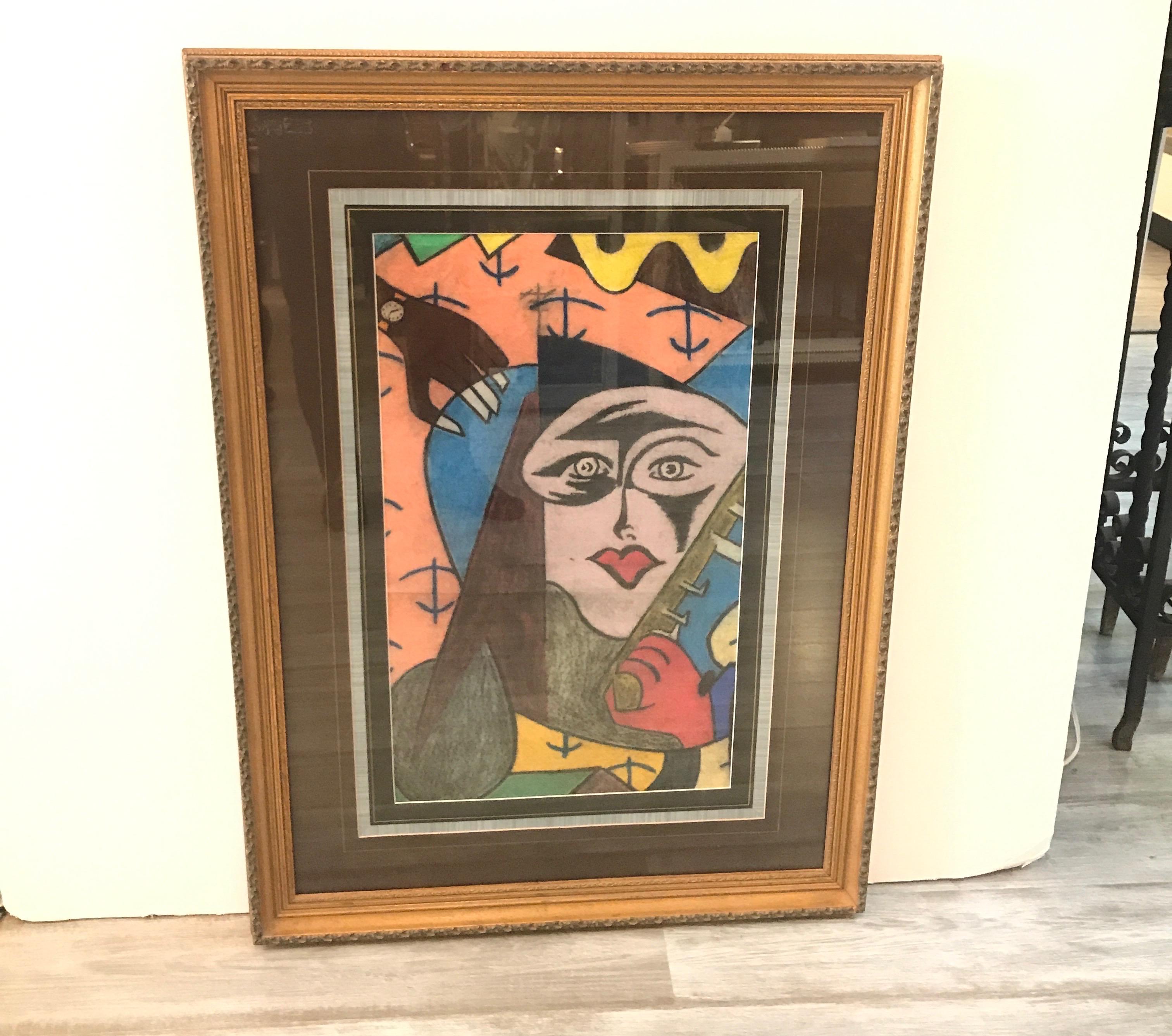 Une peinture au pastel sur papier attribuée à Alan Powell, représentant une femme portant du rouge à lèvres rouge. Cette peinture a été achetée à l'origine à l'artiste à Woodstock, New York. Cadre original avec verre.