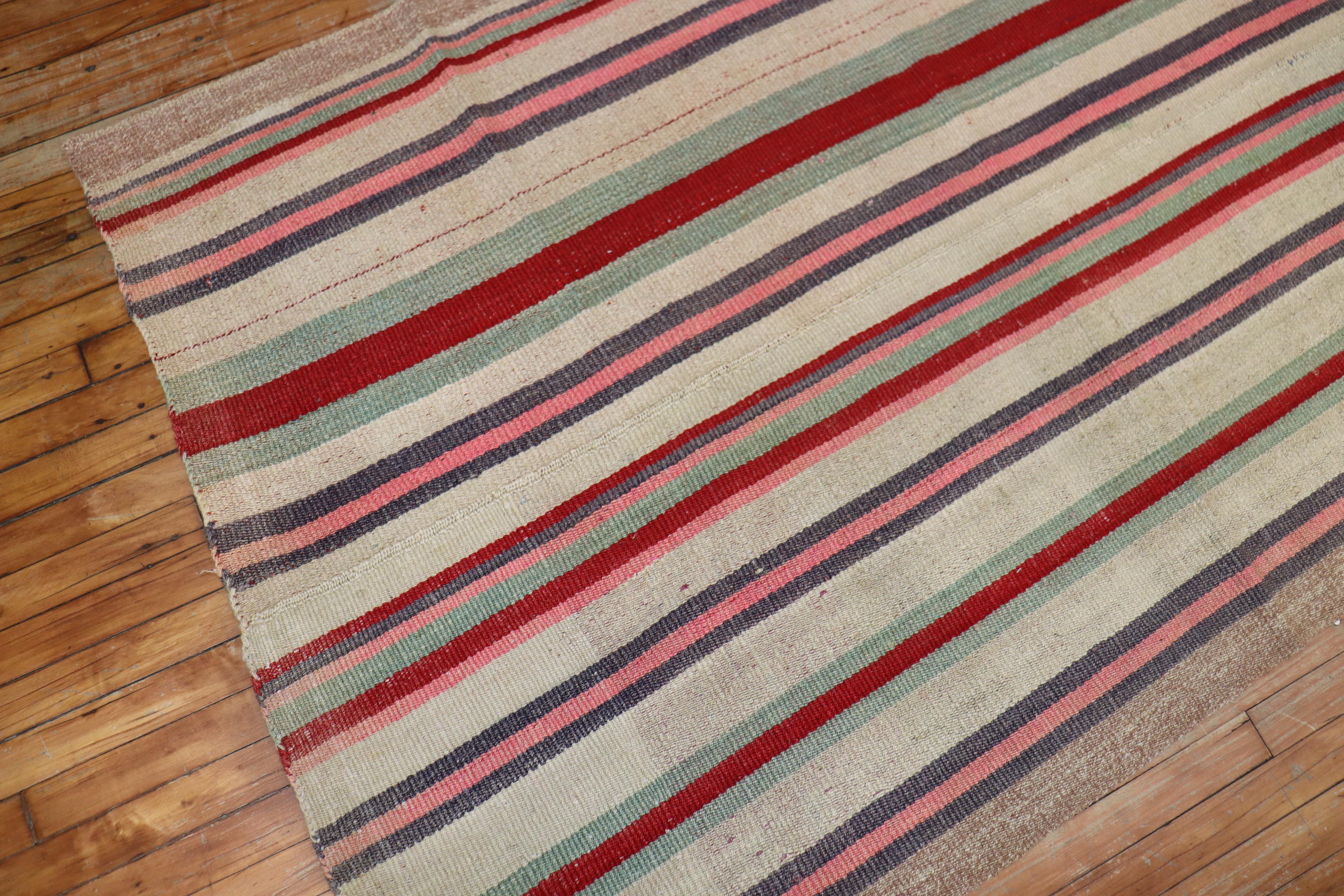 Hand-Knotted Mid Century Abstract Persian Striped Kilim Wide Runner For Sale