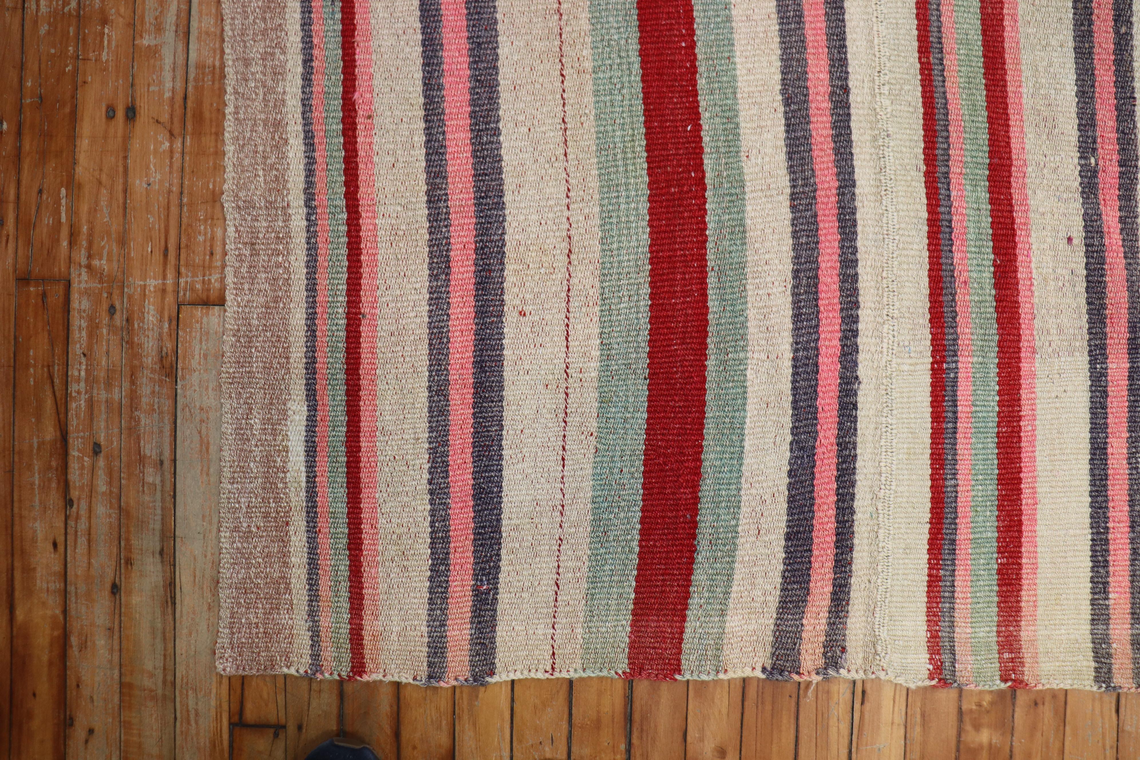 Mid Century Abstract Persian Striped Kilim Wide Runner In Good Condition For Sale In New York, NY