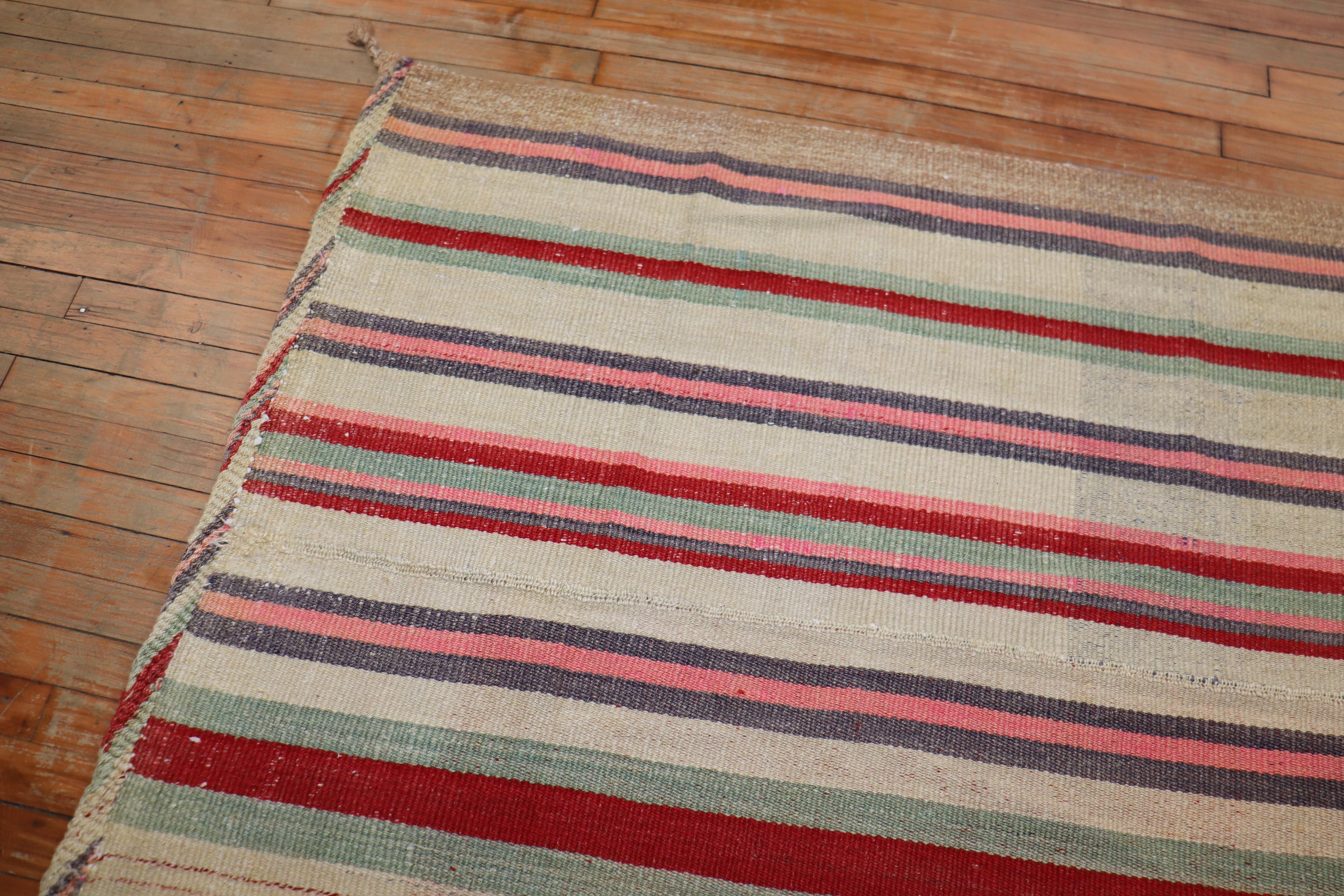 Wool Mid Century Abstract Persian Striped Kilim Wide Runner For Sale