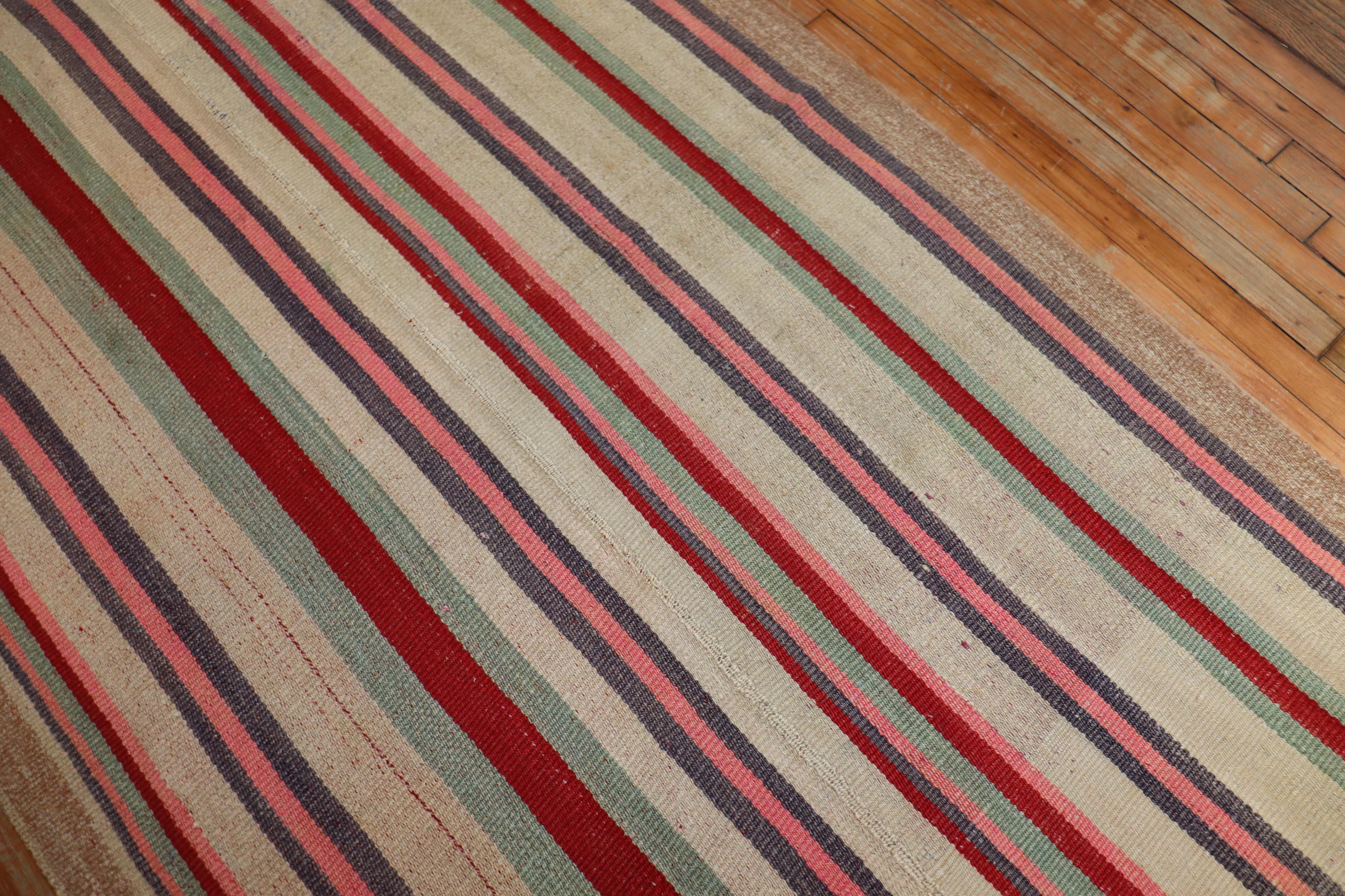 Mid Century Abstract Persian Striped Kilim Wide Runner For Sale 1