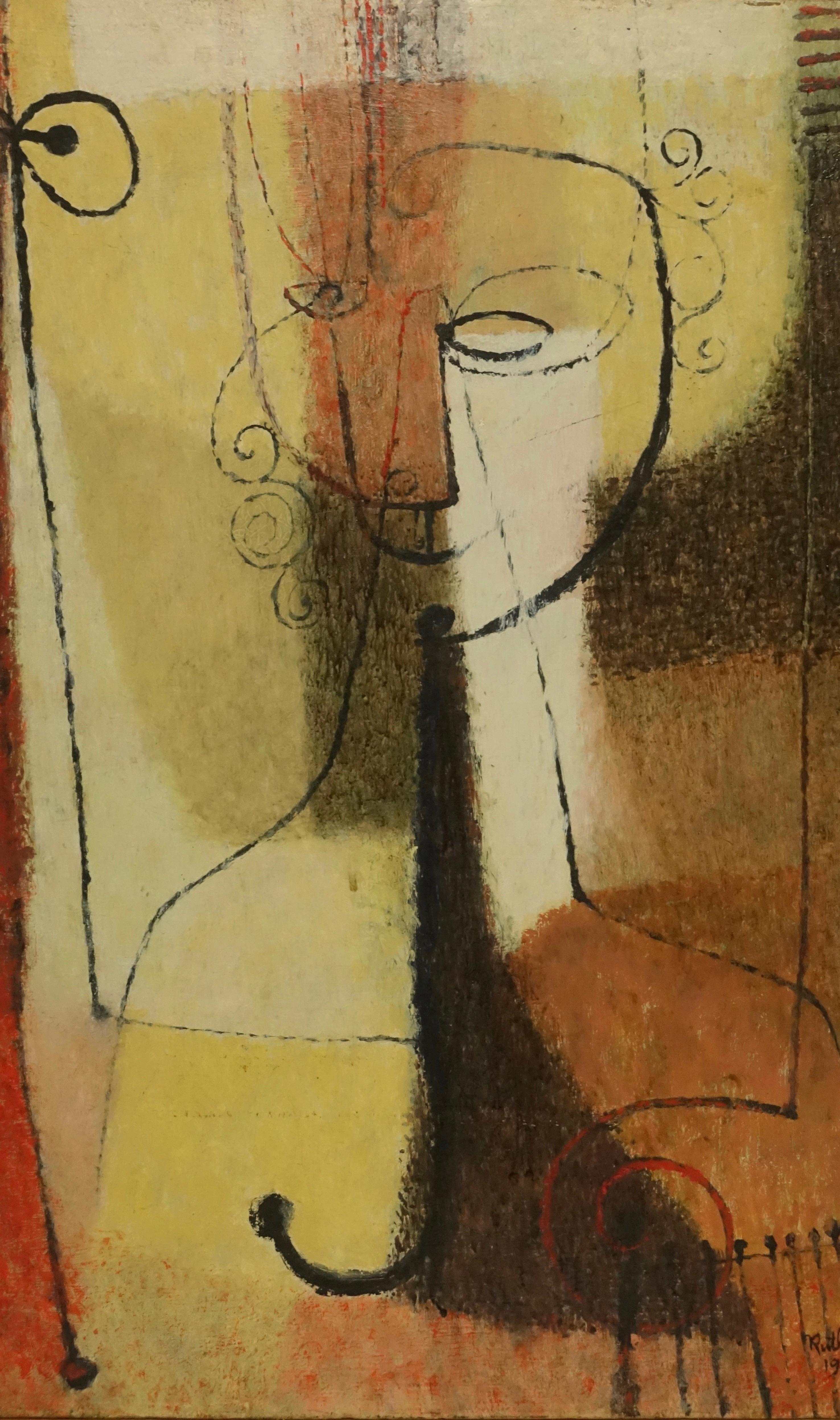 Portrait abstrait d'une femme, huile sur toile, dans un cadre en bois simple d'origine. Signé et daté, Ruth Jalovick, 1951.
