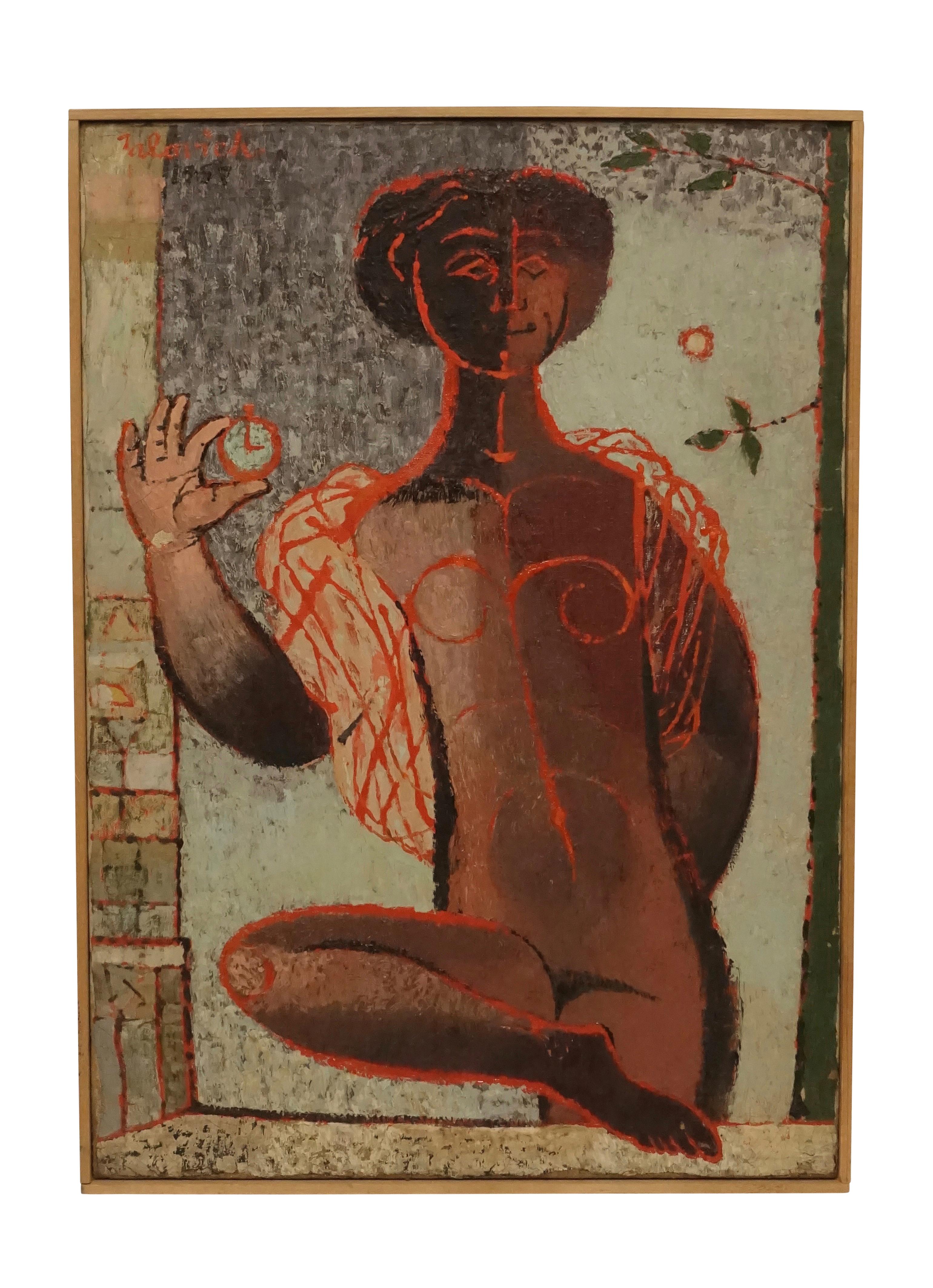 Peinture abstraite figurative, huile sur toile dans un cadre simple en bois. Signé Jalovick et daté de 1957.