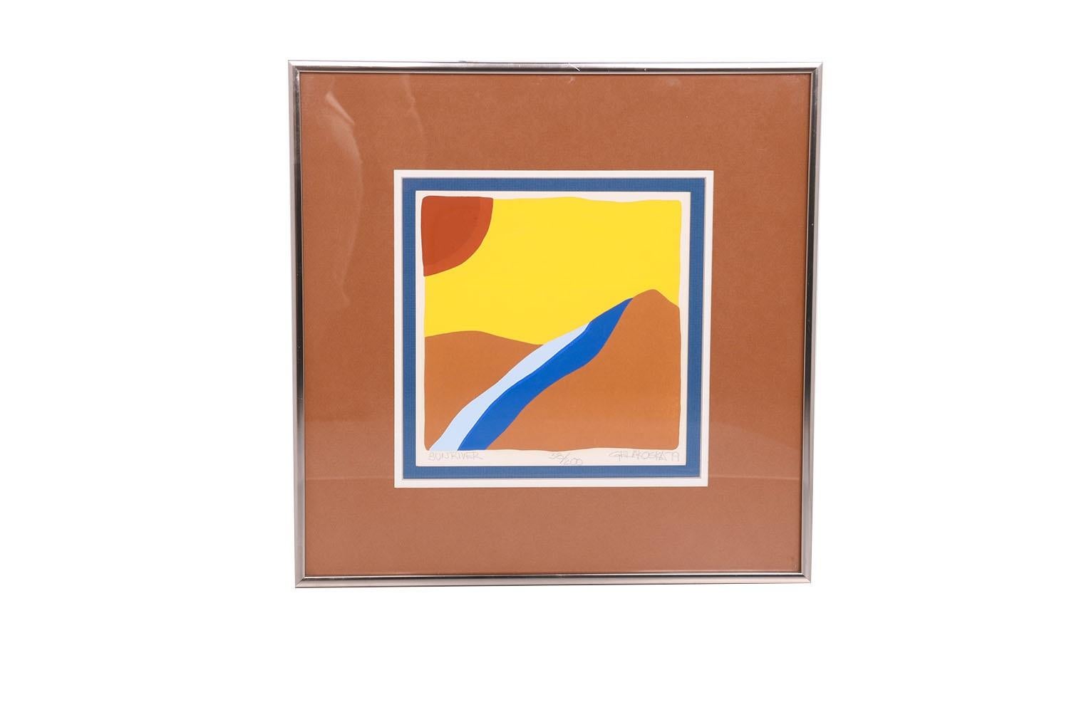 An absolutely gorgeous abstract original silkscreen, Titled “Sunriver” by C. Daniel Gelakoska. Hand signed, dated in pencil bottom right and numbered in pencil, edition 38/200. Circa 1979. Titled on the bottom left “Sunriver”. Professionally framed