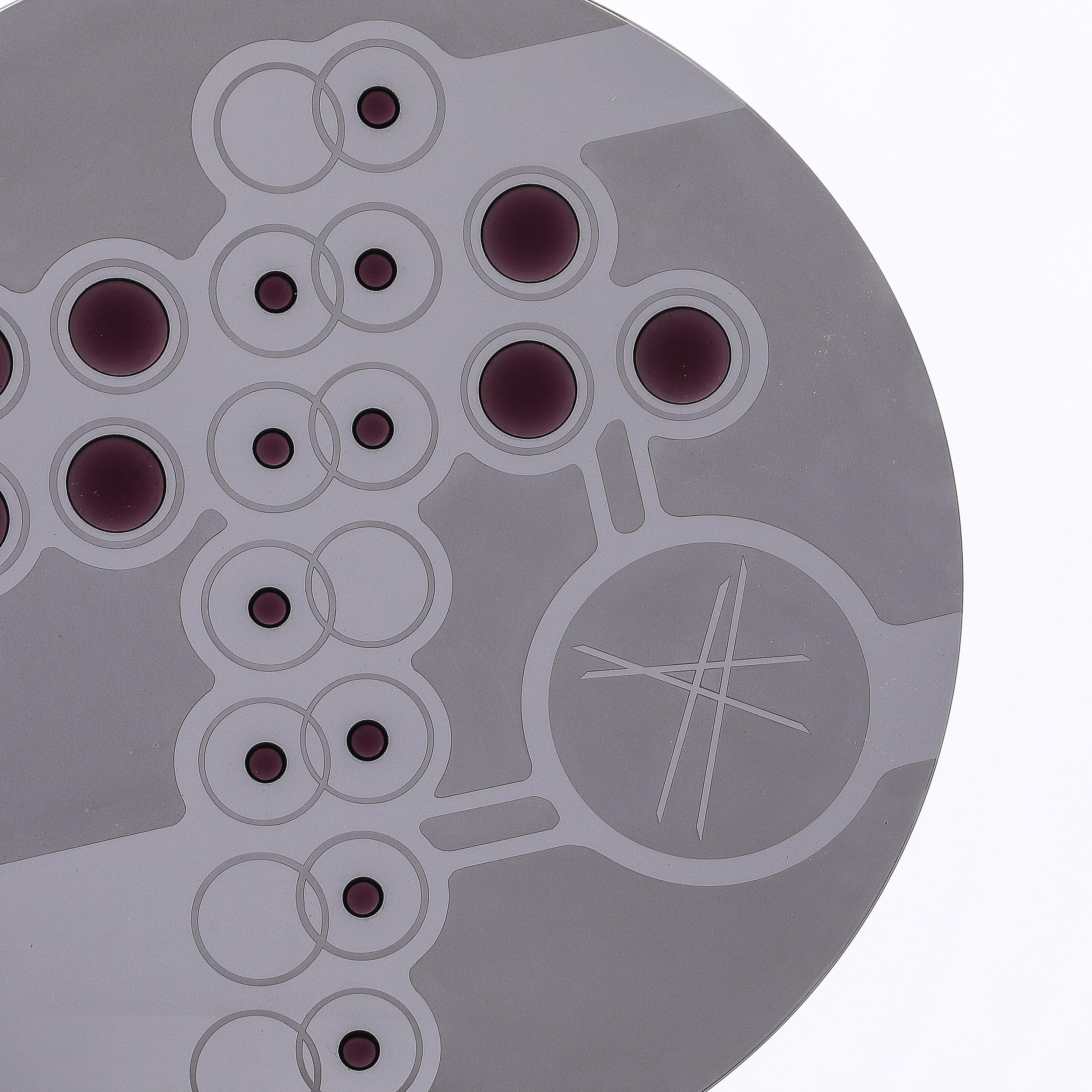 Mid-Century Abstract Smoked Glass Frosted Detailed Disc Sculpture signed T Saul For Sale 4