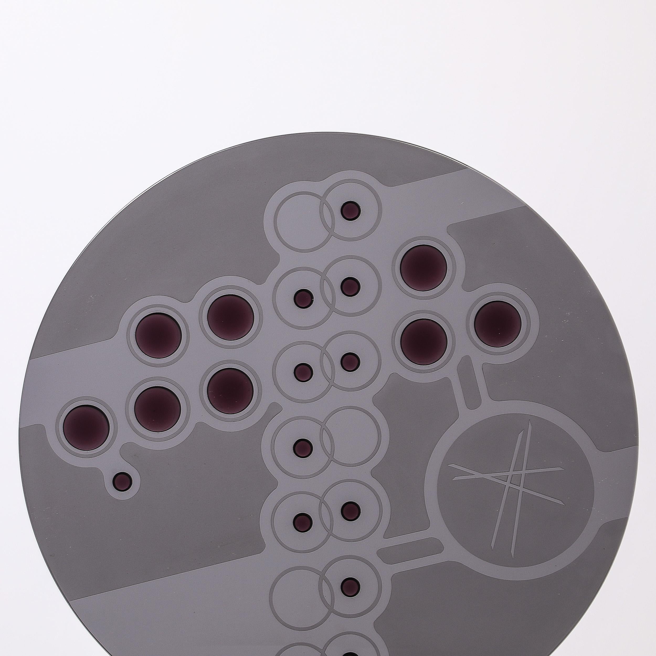 Mid-Century Abstract Smoked Glass Frosted Detailed Disc Sculpture signed T Saul For Sale 5