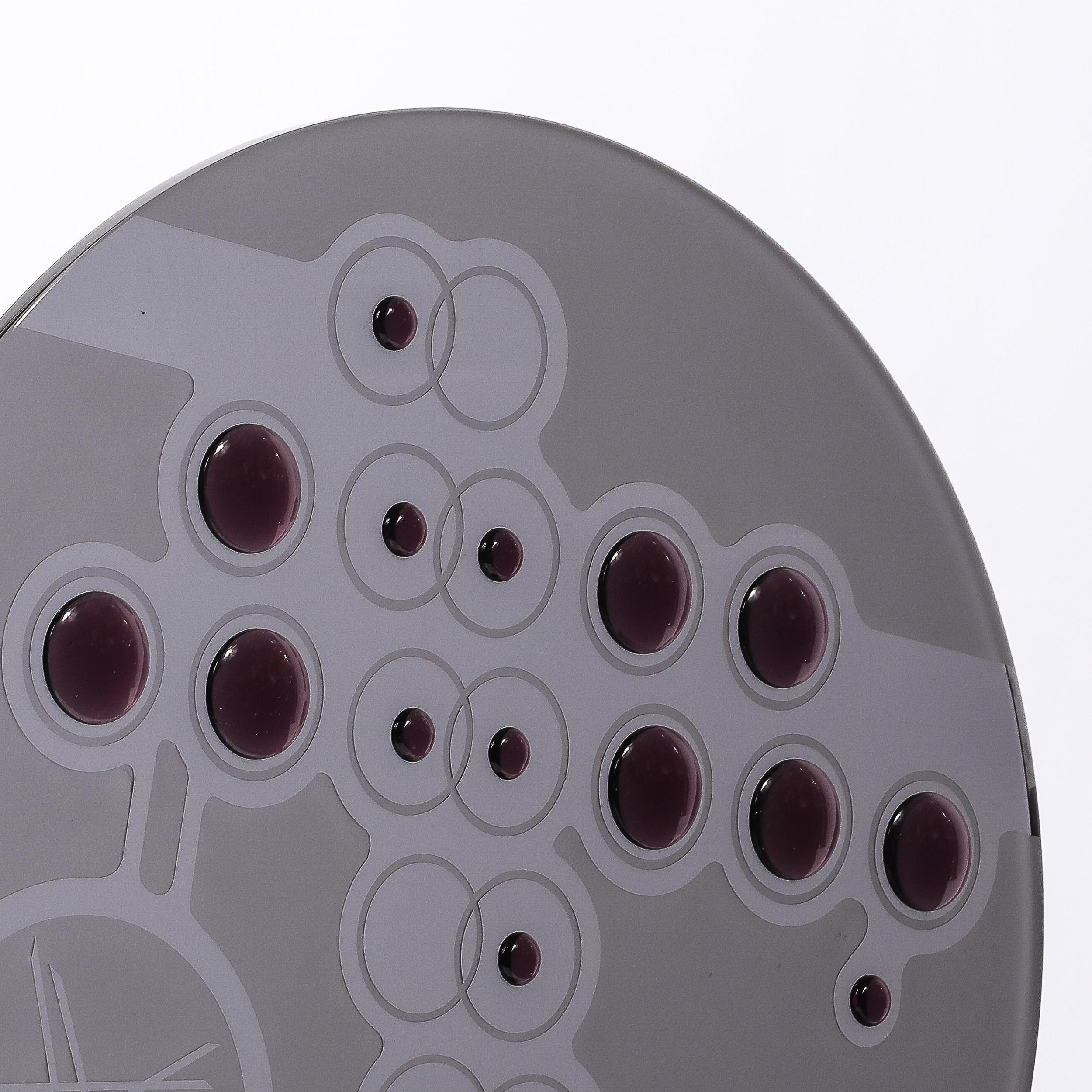 Mid-Century Abstract Smoked Glass Frosted Detailed Disc Sculpture signed T Saul For Sale 7