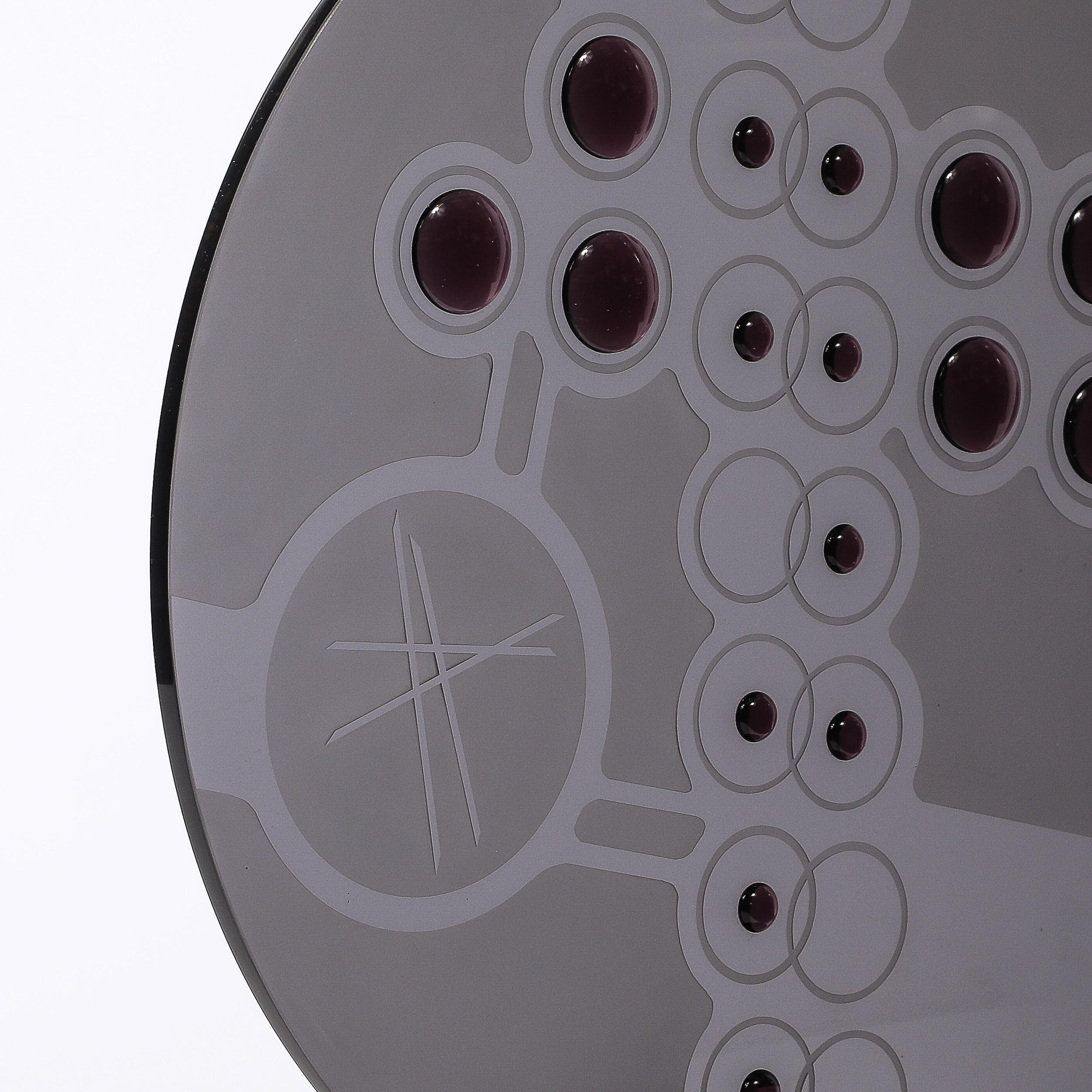 Mid-Century Abstract Smoked Glass Frosted Detailed Disc Sculpture signed T Saul For Sale 8