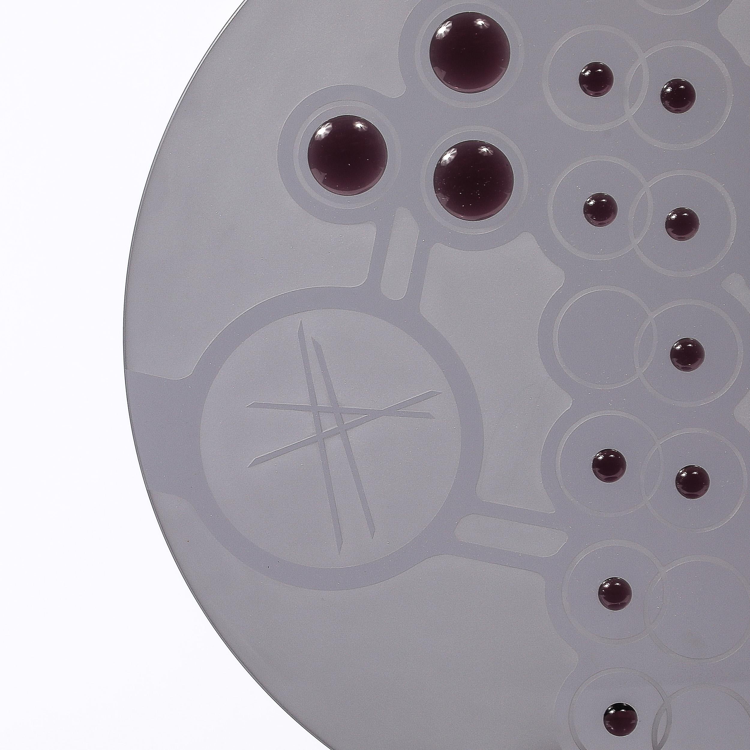 Mid-Century Modern Mid-Century Abstract Smoked Glass Frosted Detailed Disc Sculpture signed T Saul For Sale