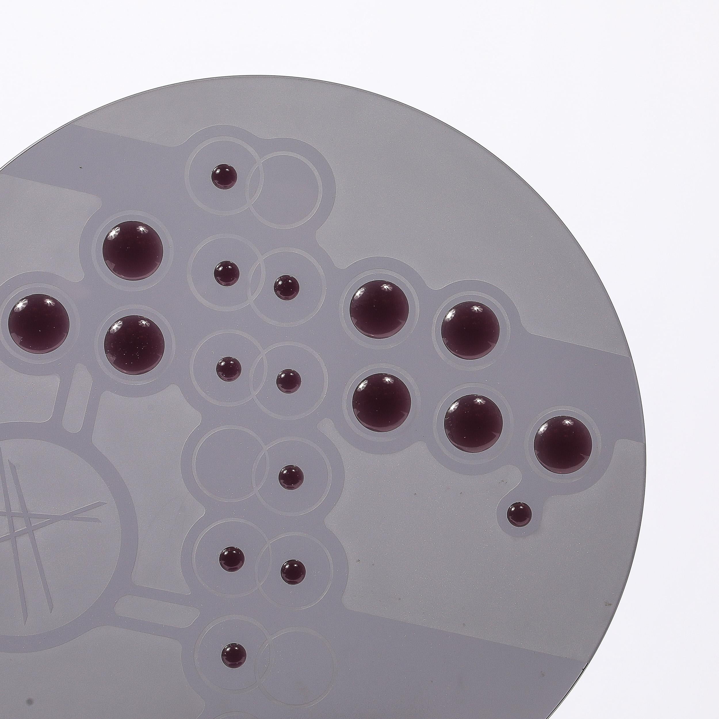 American Mid-Century Abstract Smoked Glass Frosted Detailed Disc Sculpture signed T Saul For Sale