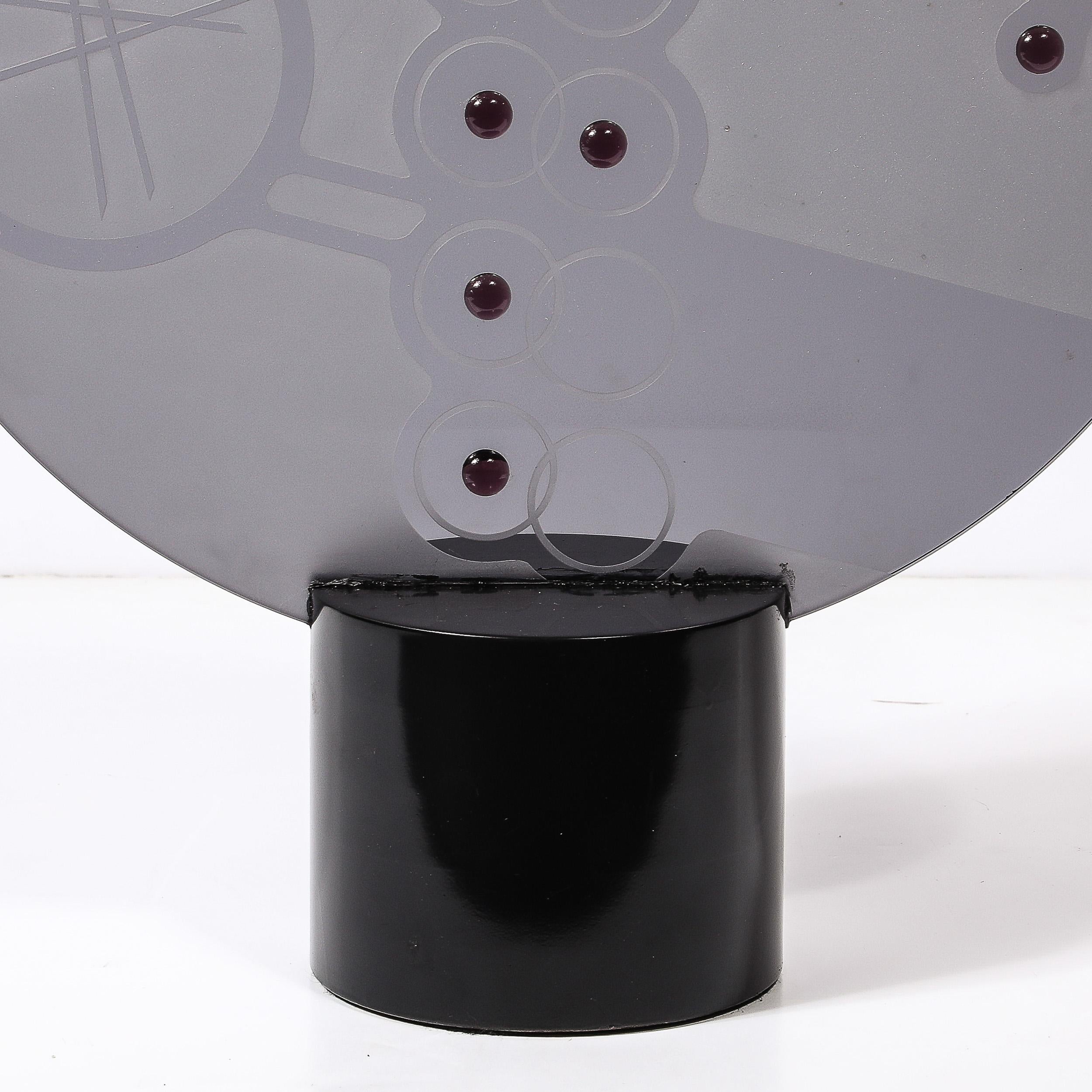 Mid-Century Abstract Smoked Glass Frosted Detailed Disc Sculpture signed T Saul In Excellent Condition For Sale In New York, NY