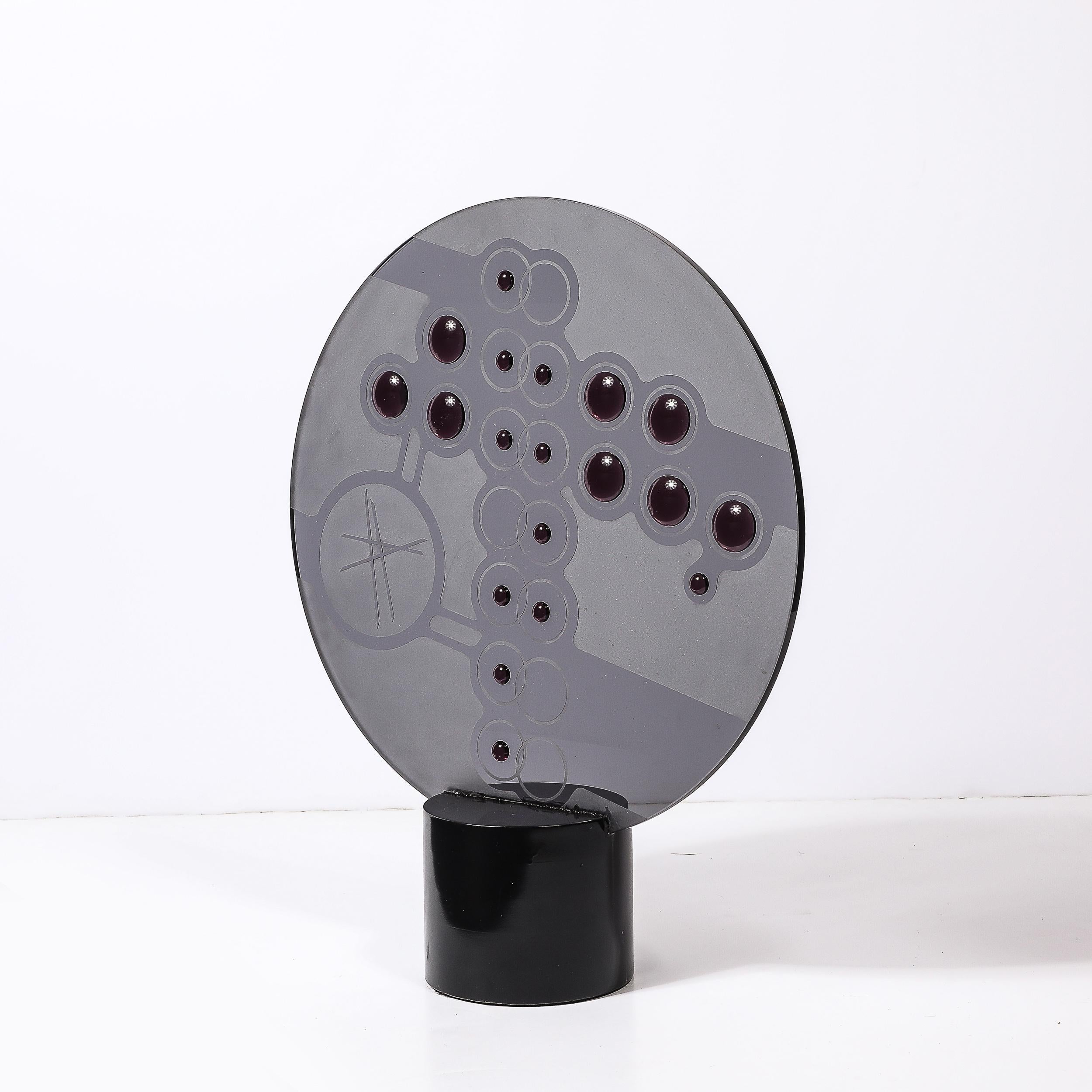 Late 20th Century Mid-Century Abstract Smoked Glass Frosted Detailed Disc Sculpture signed T Saul For Sale