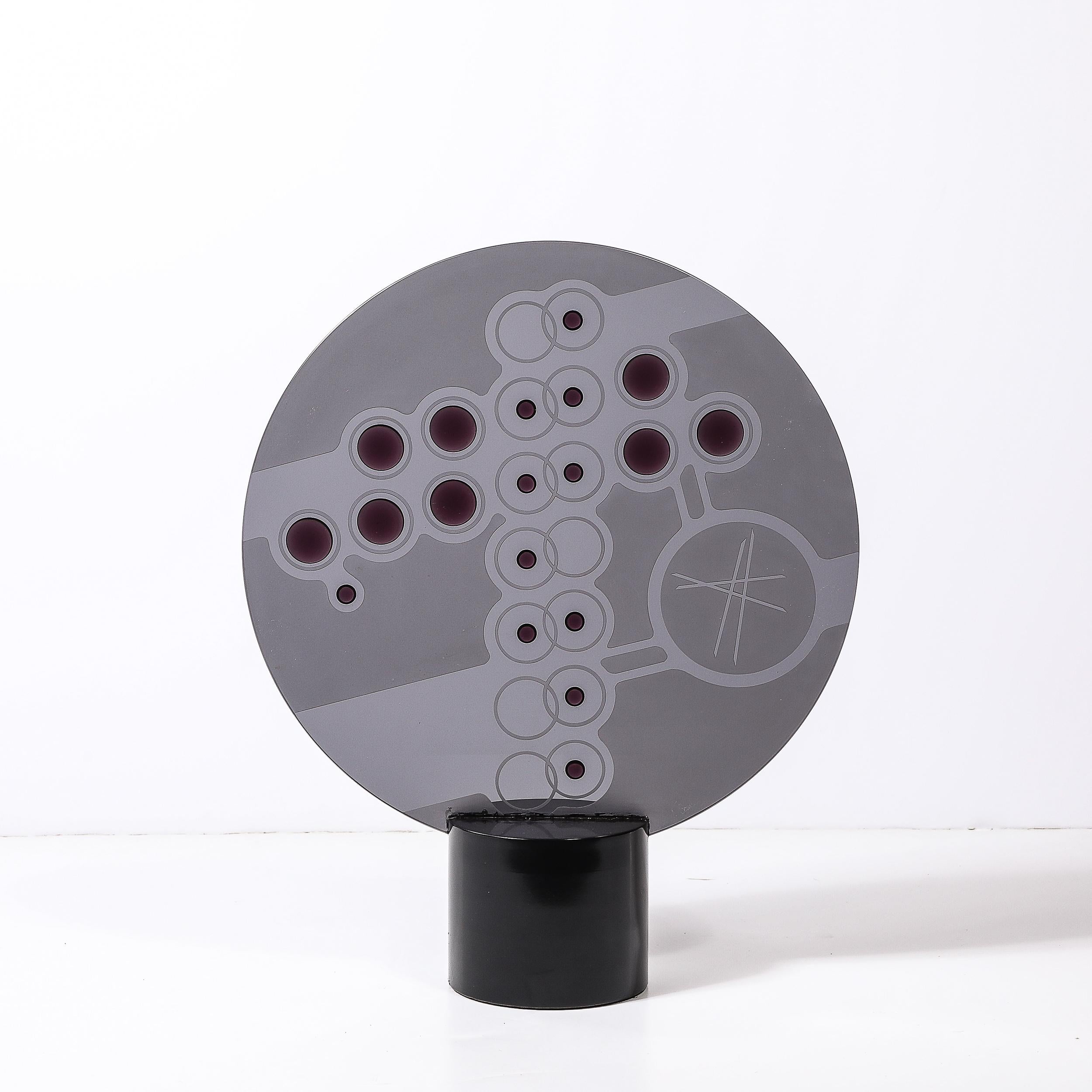 Mid-Century Abstract Smoked Glass Frosted Detailed Disc Sculpture signed T Saul For Sale 3