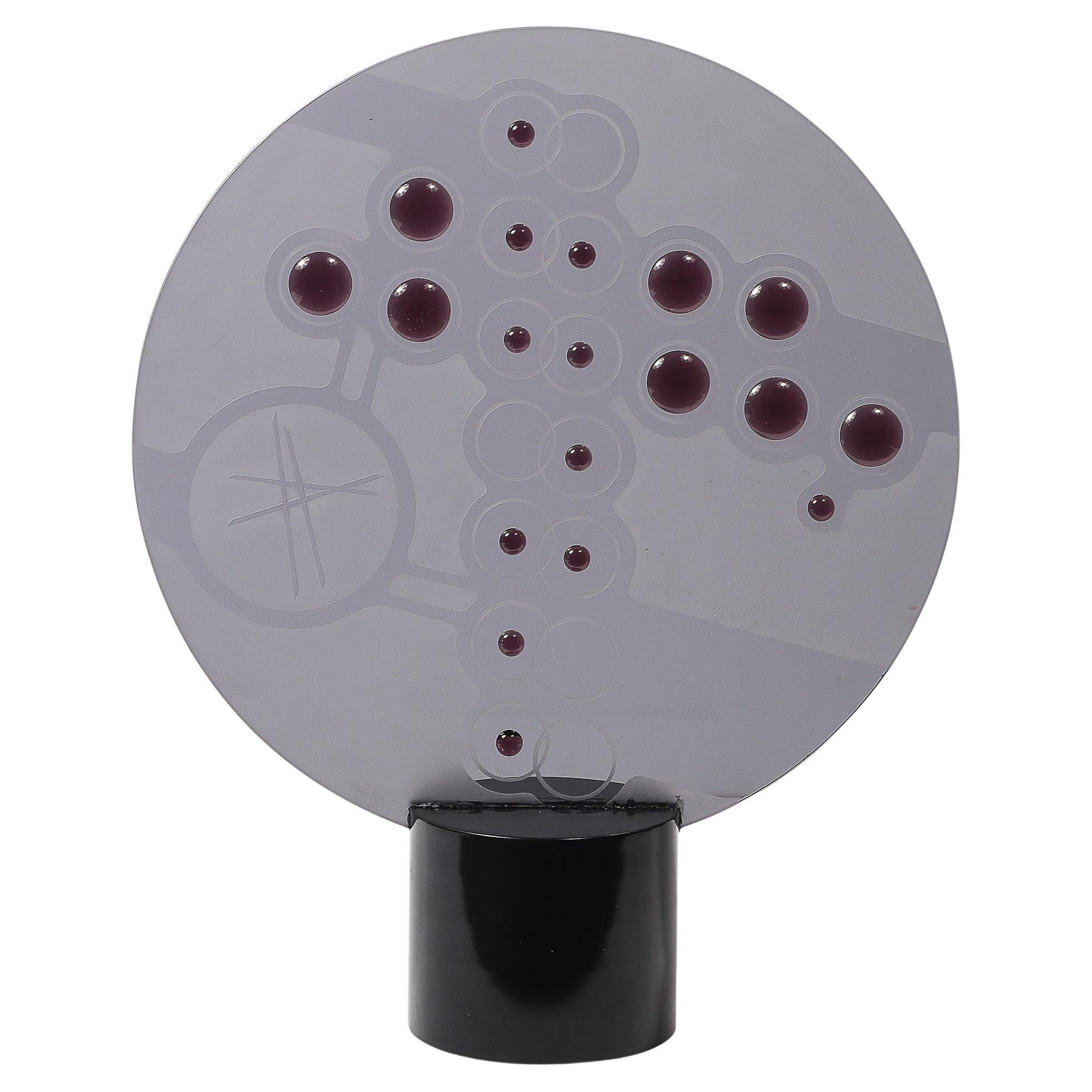 Mid-Century Abstract Smoked Glass Frosted Detailed Disc Sculpture signed T Saul For Sale