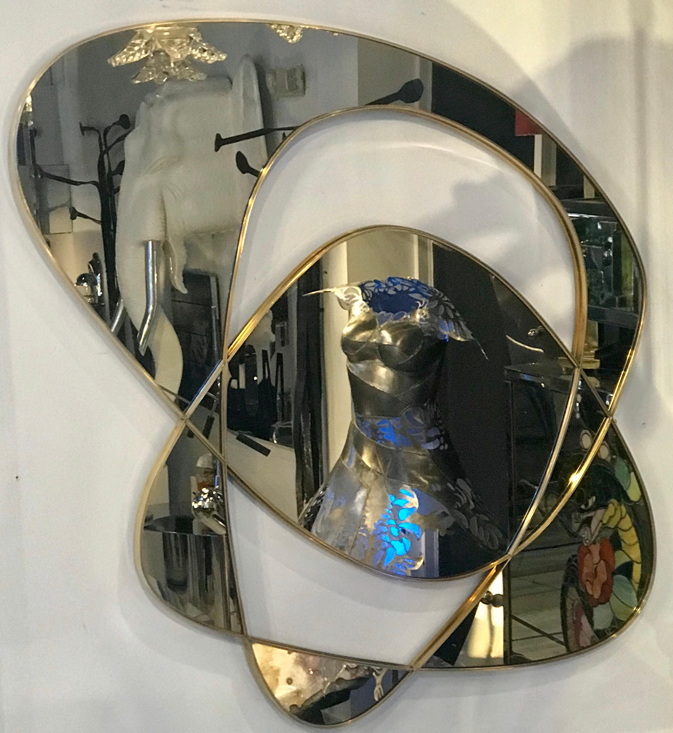 Italian Midcentury Abstract Smoked Mirror and Brass Wall Art