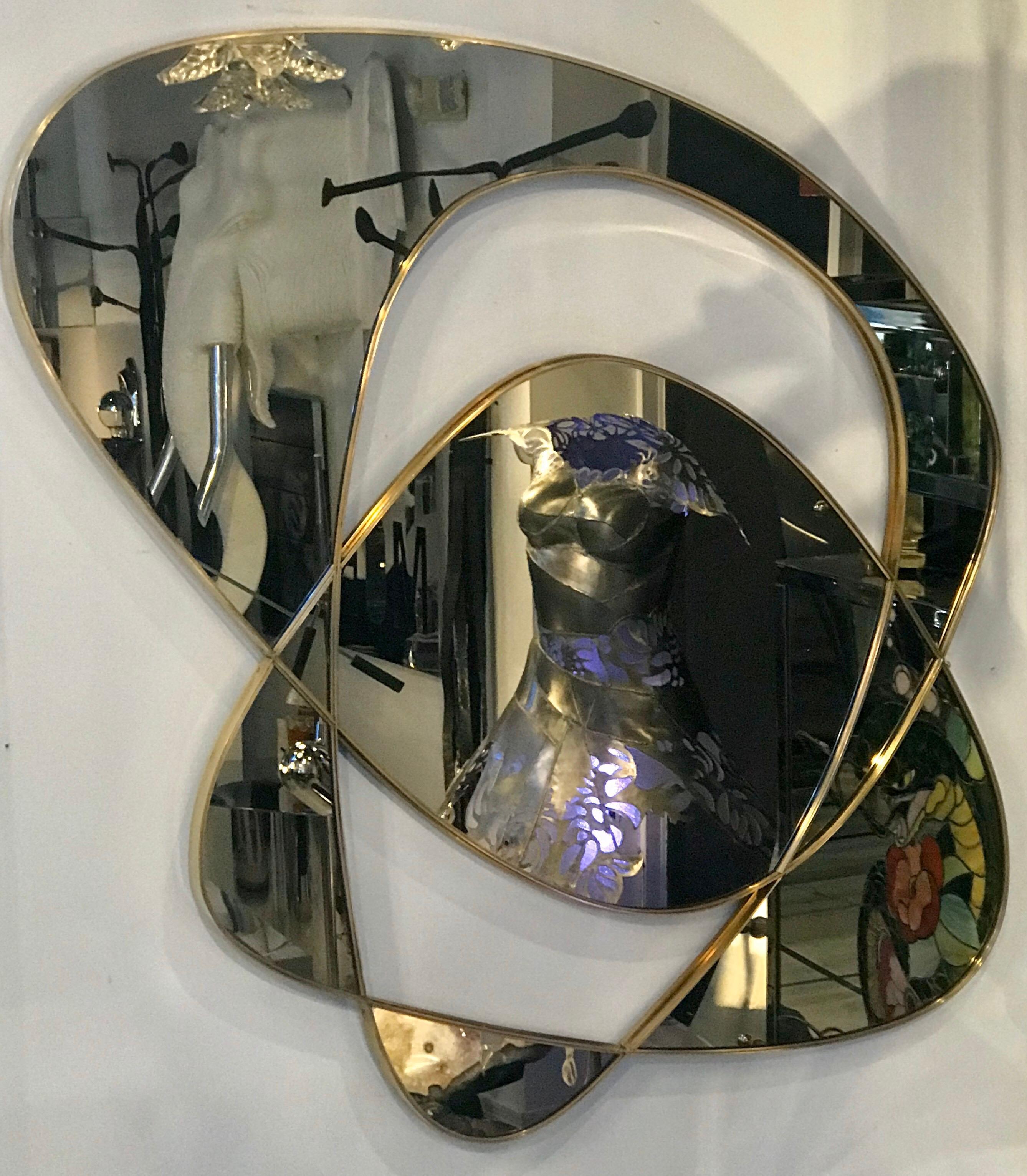 Midcentury Abstract Smoked Mirror and Brass Wall Art In Good Condition In Miami, FL