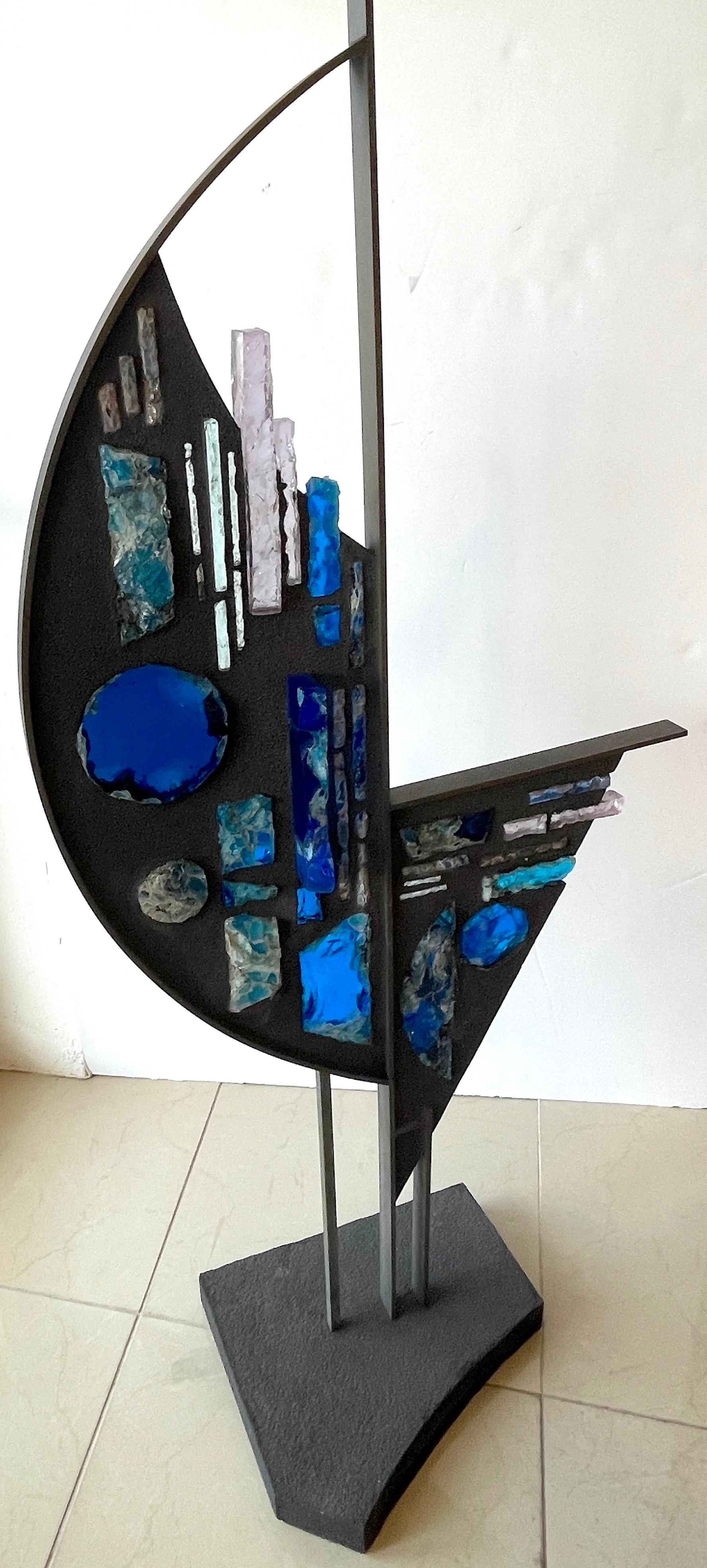 Mid Century Abstract Steel and Art Glass 'Sail' Sculpture  5