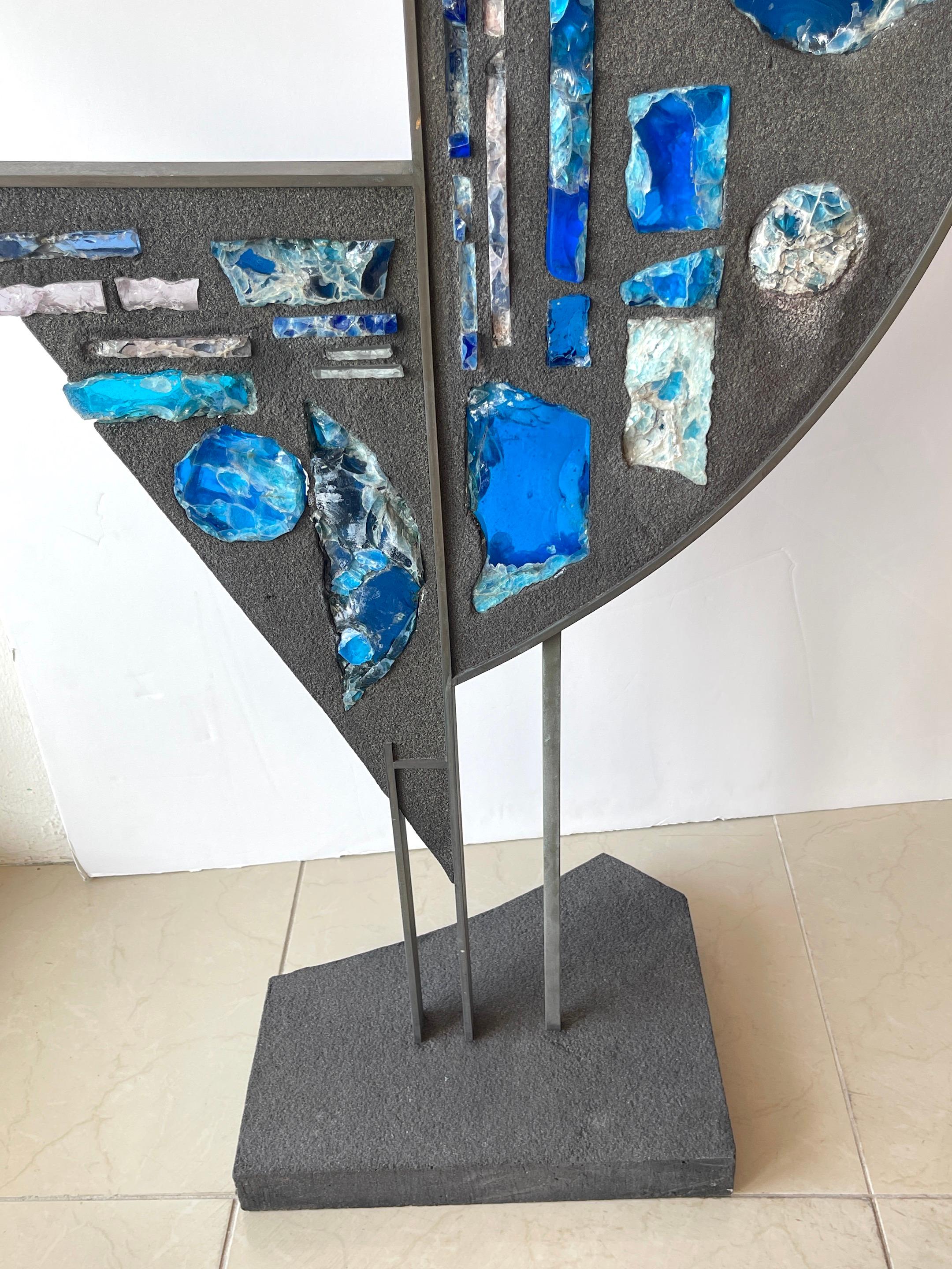 Forged Mid Century Abstract Steel and Art Glass 'Sail' Sculpture 