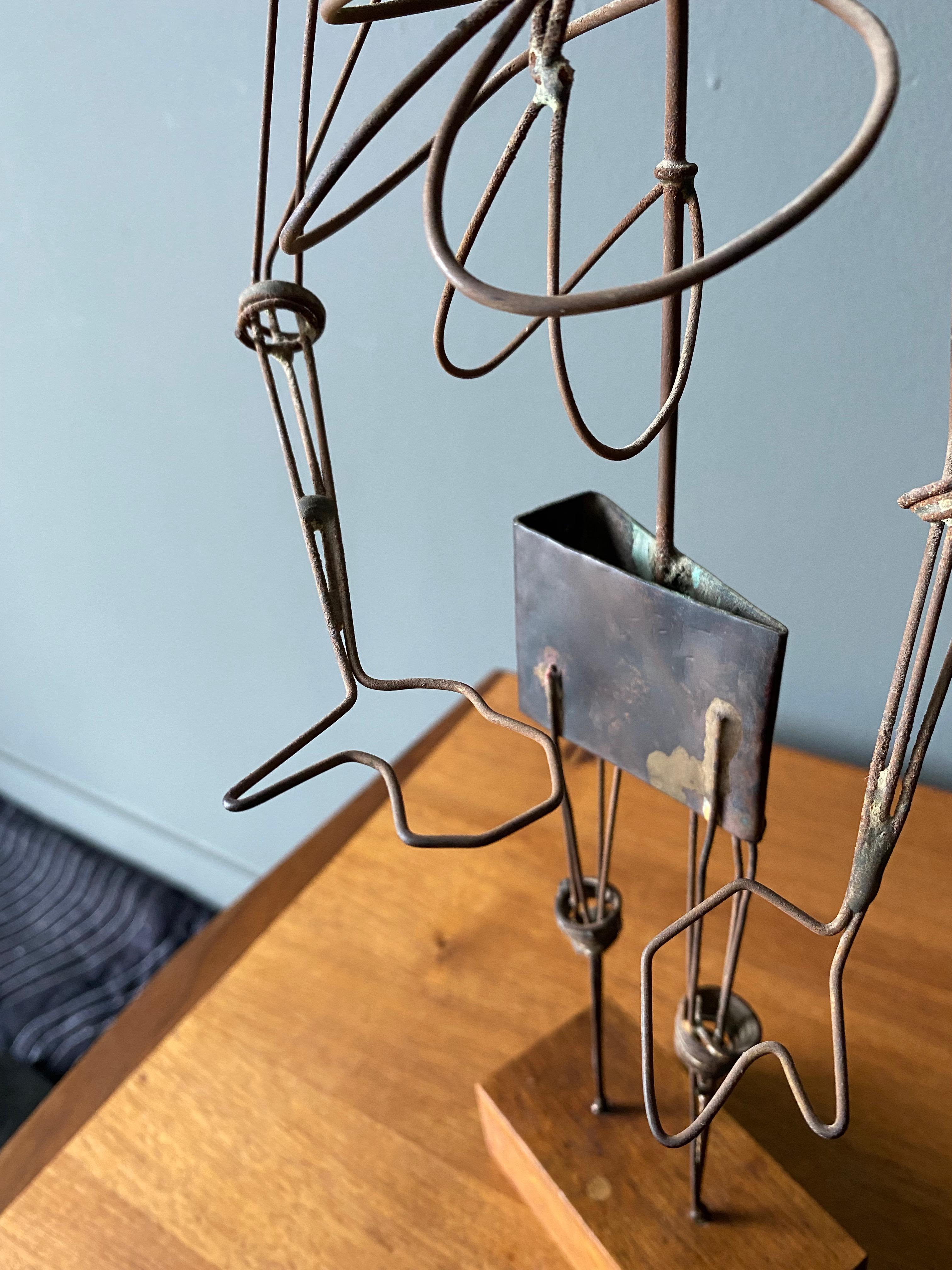 Hand-Crafted Mid Century Abstract Steel, Brass & Wood 