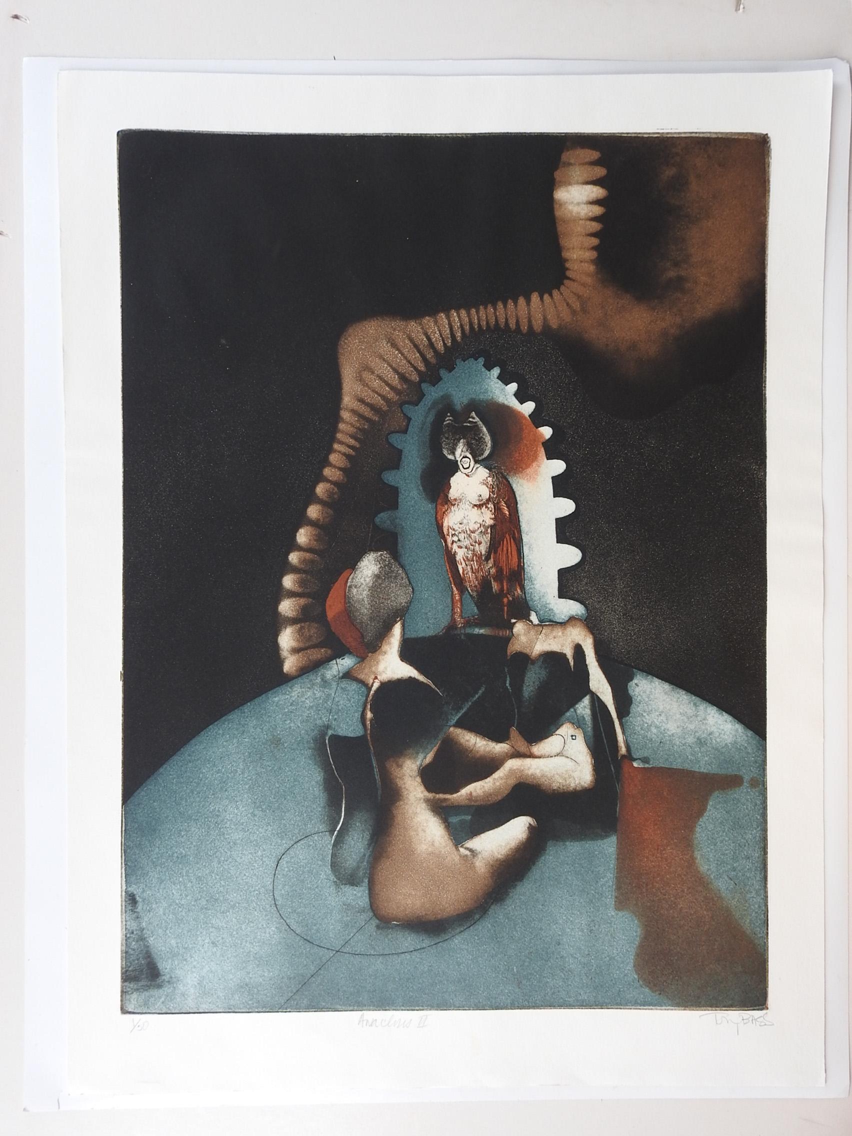 Circa 1970's abstract color etching on paper by Tony Bass ( b.1943) Texas. Signed, titled Anaclisis II and numbered 1/50 in pencil along lower margin. Abstract surreal figures in blue and black. Unframed.