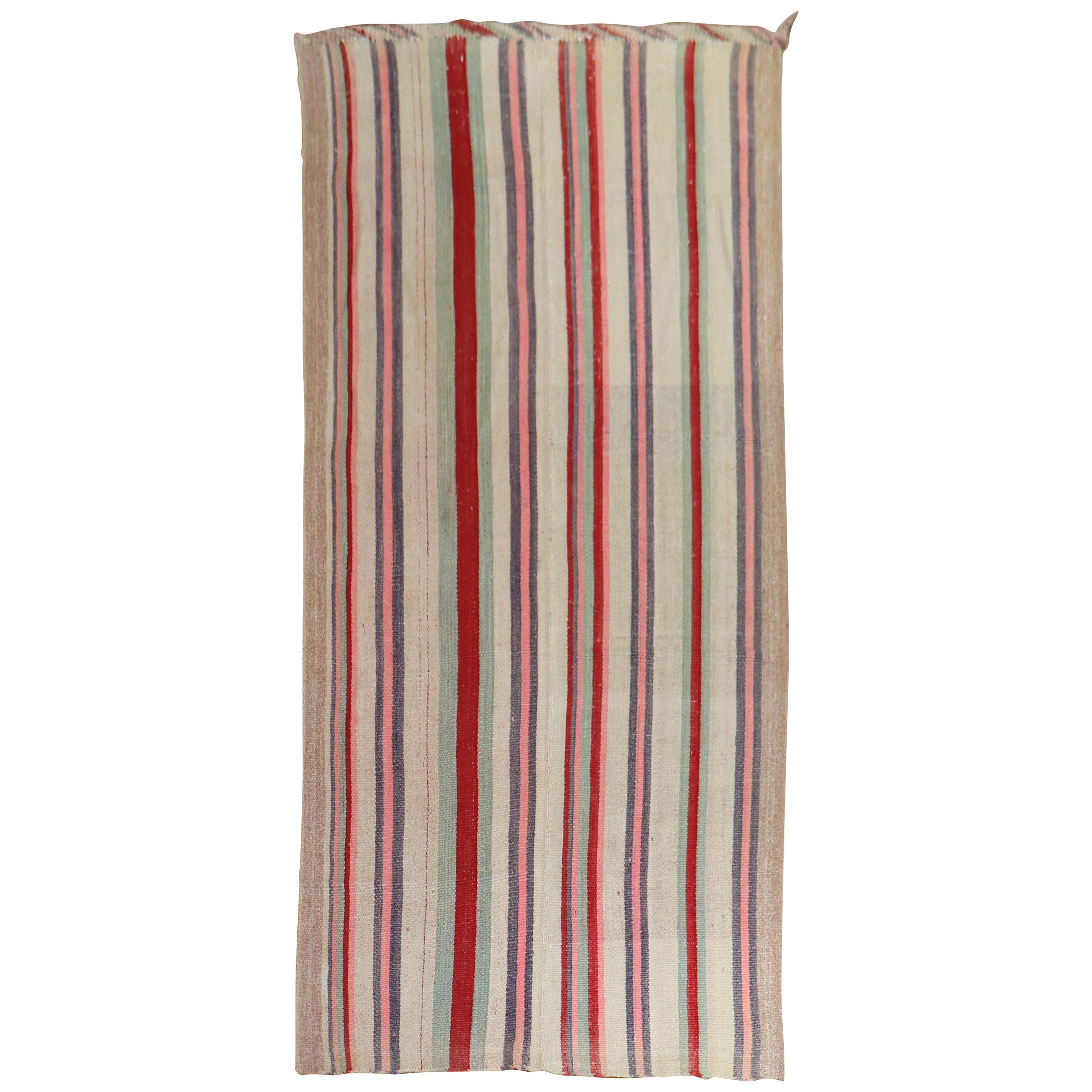 Mid Century Abstract Turkish Striped Kilim Wide Runner For Sale