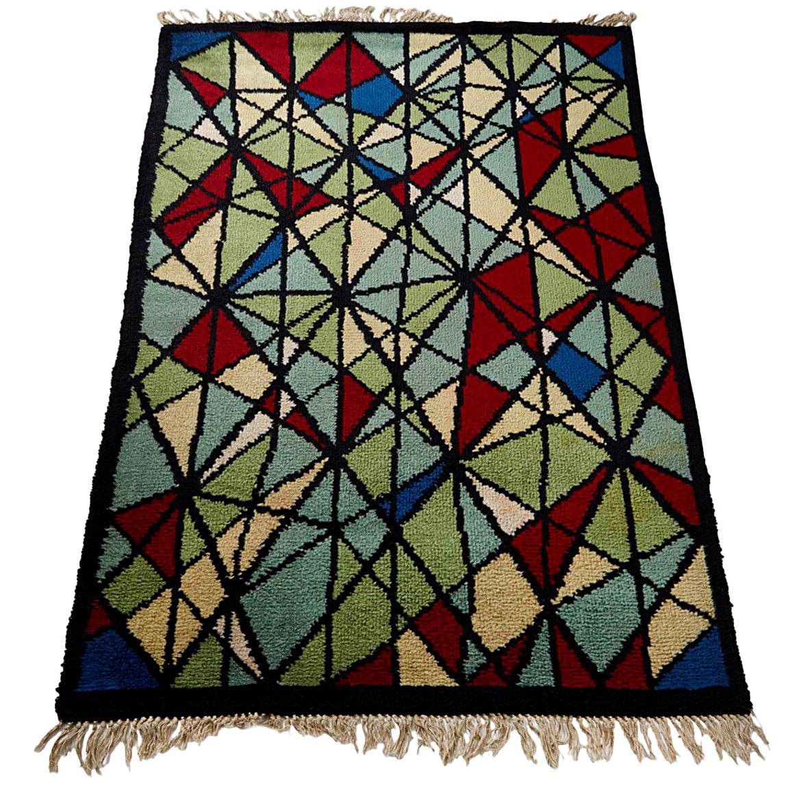 Mid-Century Abstract Wool Rug – Handwoven Geometric Design Red, Green and Blue For Sale