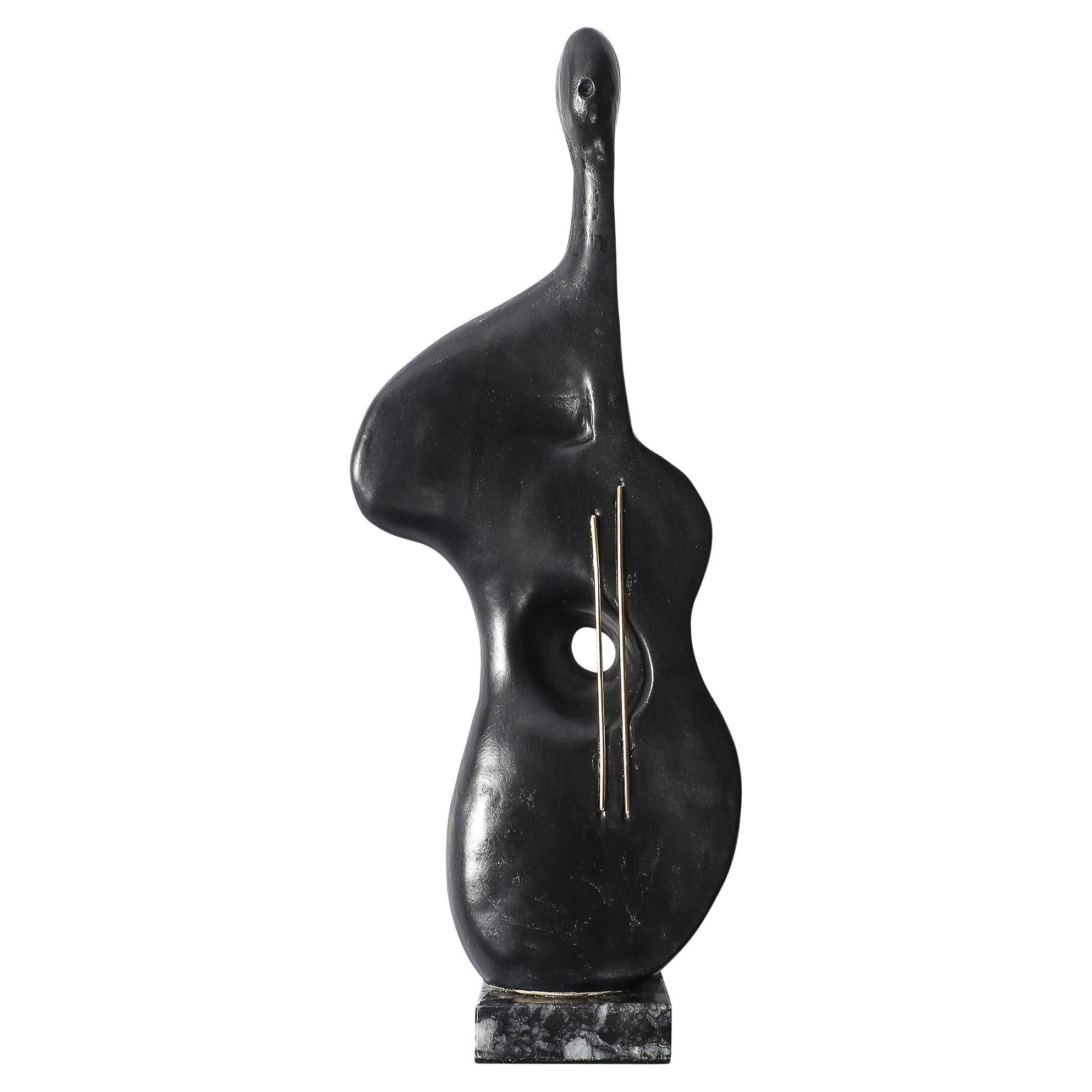 Mid-Century Abstracted Guitar Sculpture in Black Enamel 
Bronze on Marble Base For Sale