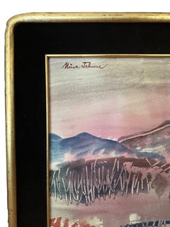 Mid-Century Abstracted Watercolor Wax-Resist Mountain Landscape by Mina Tabuena.