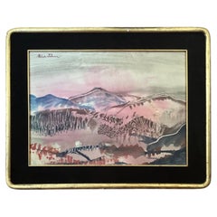 Mid-Century Abstracted Watercolor Wax-Resist Mountain Landscape by Mina Tabuena.
