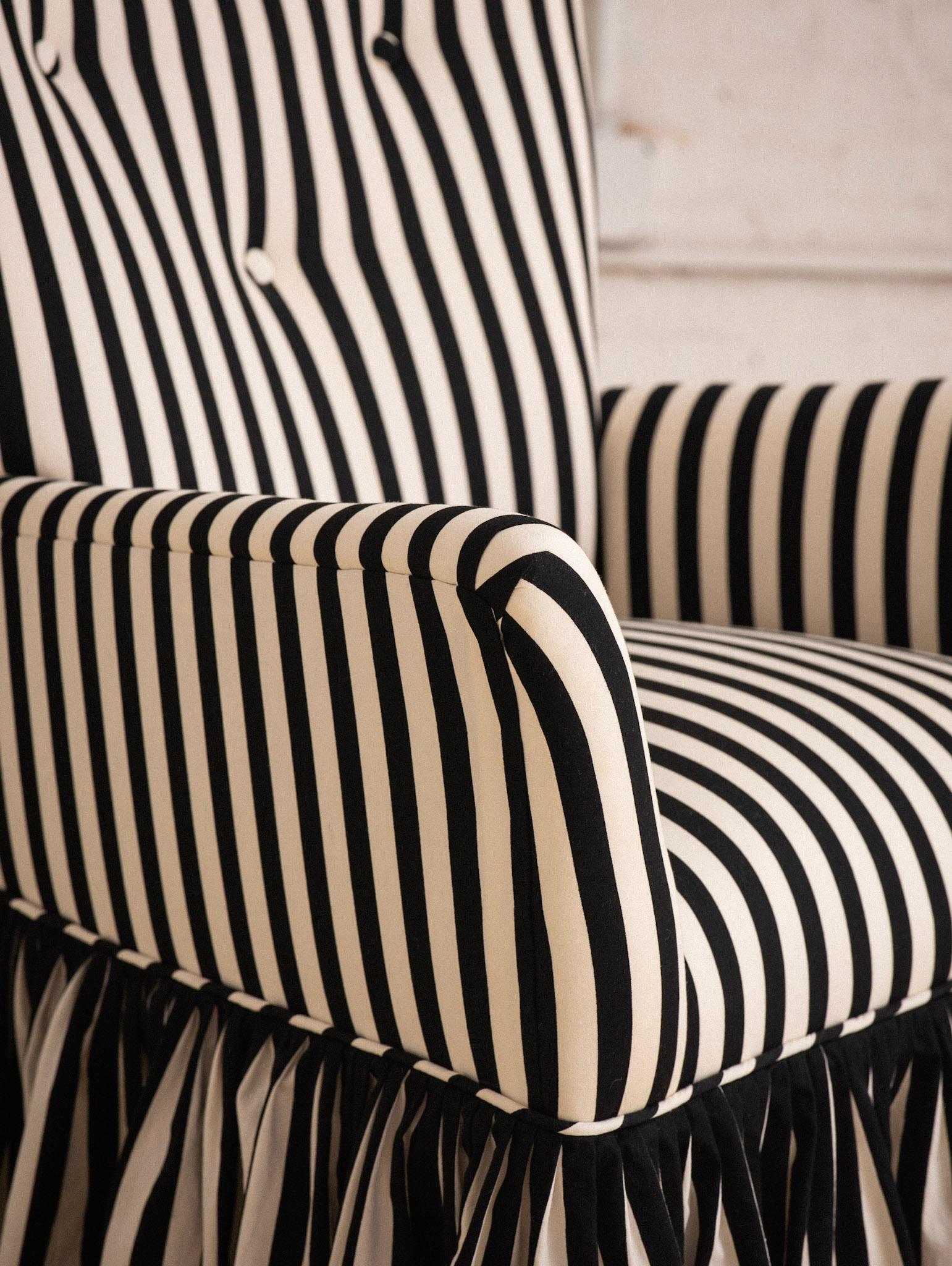 Mid Century Accent Chair in Black and White Stripe with Ruffle Skirt 3