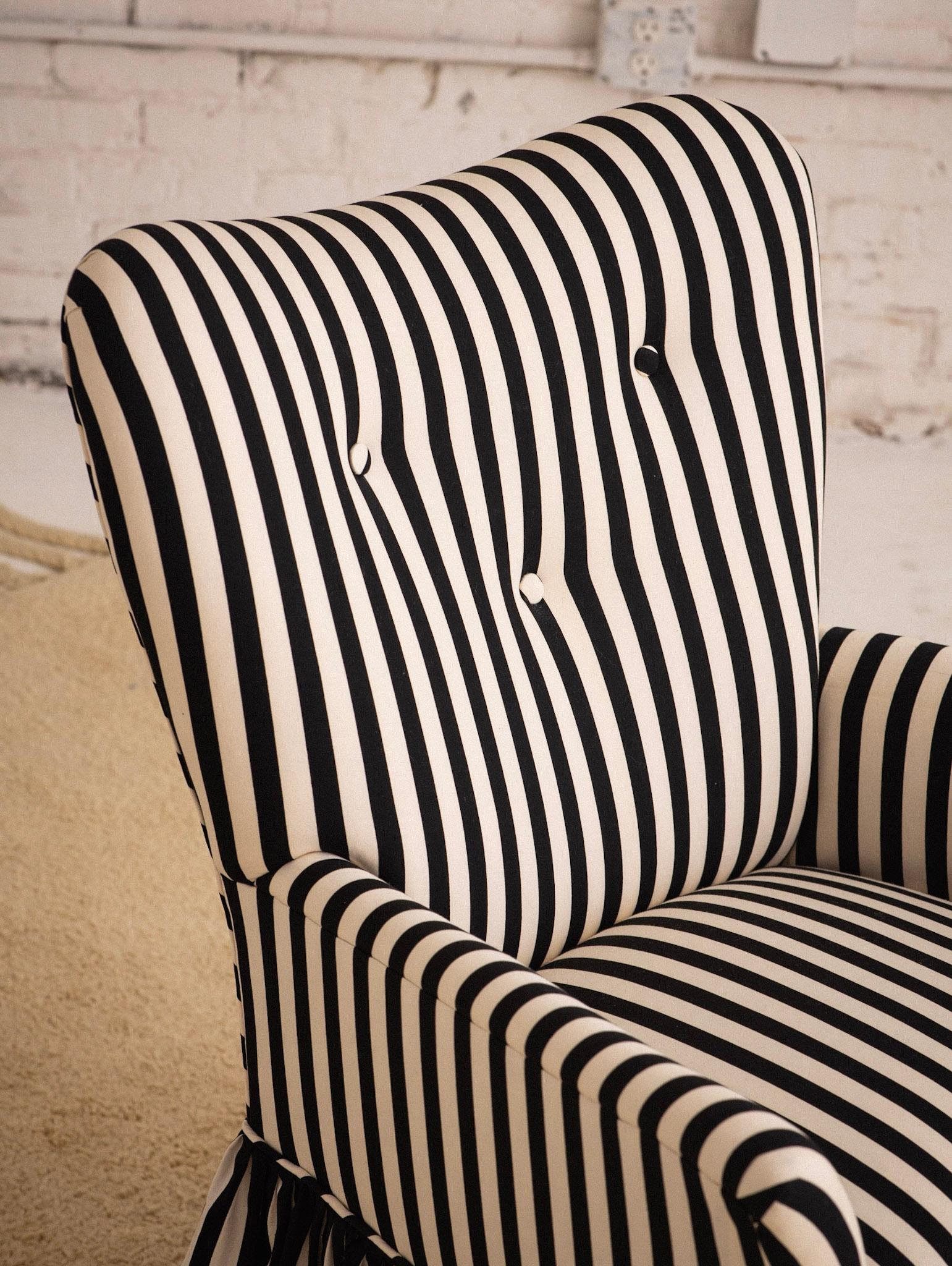 Mid Century Accent Chair in Black and White Stripe with Ruffle Skirt 4