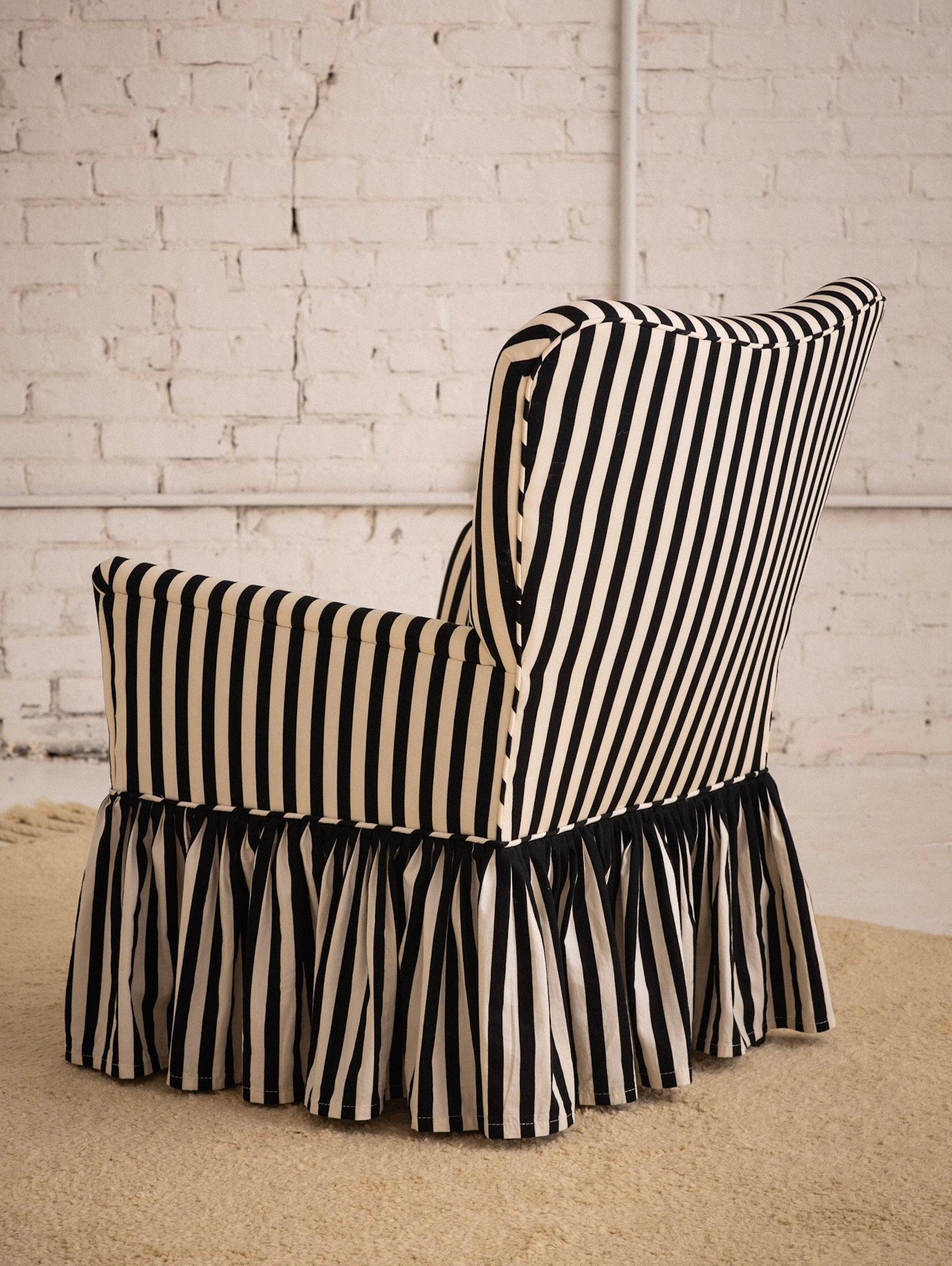 Rustic Mid Century Accent Chair in Black and White Stripe with Ruffle Skirt