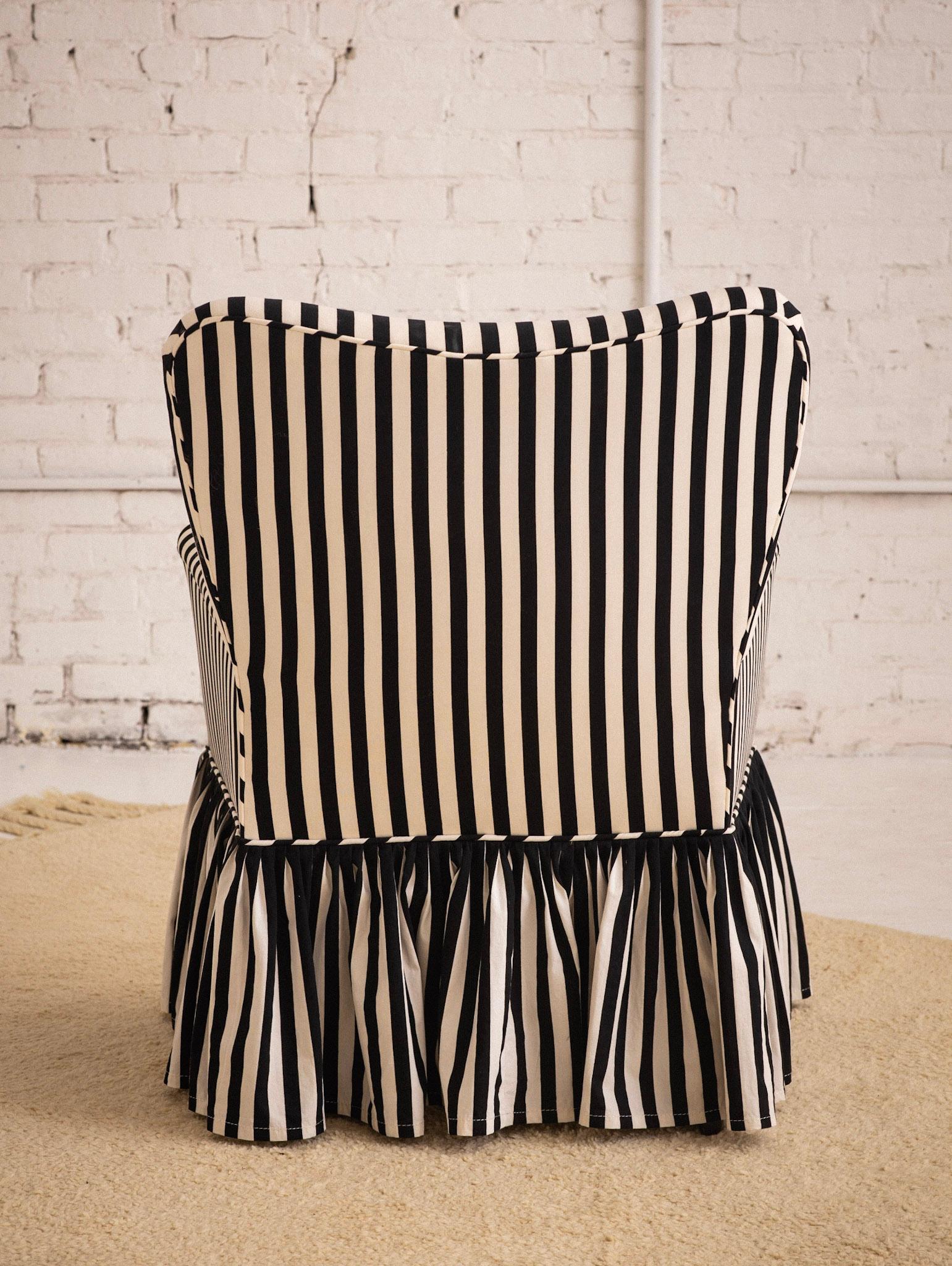 Mid Century Accent Chair in Black and White Stripe with Ruffle Skirt In Good Condition In Brooklyn, NY