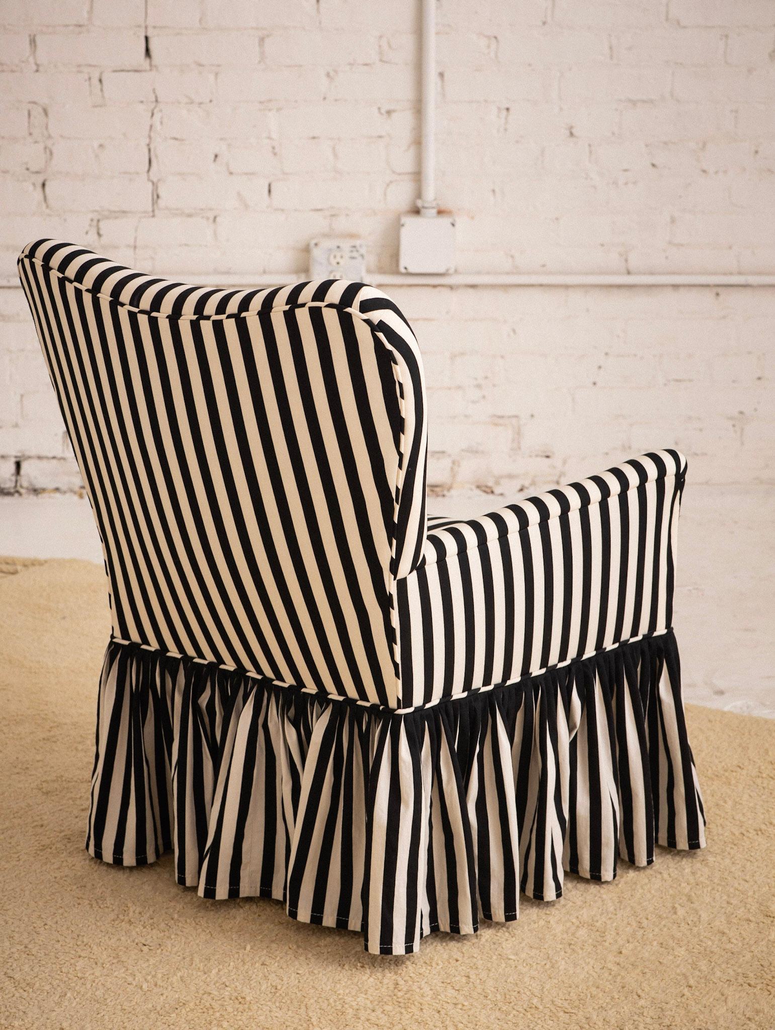 20th Century Mid Century Accent Chair in Black and White Stripe with Ruffle Skirt