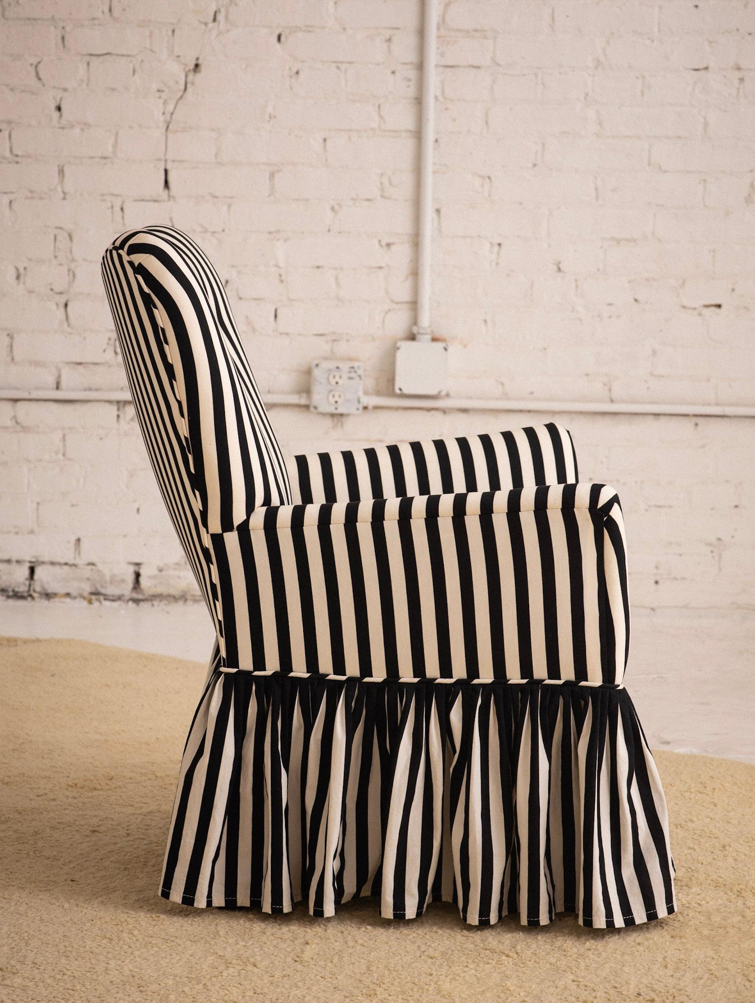 Upholstery Mid Century Accent Chair in Black and White Stripe with Ruffle Skirt