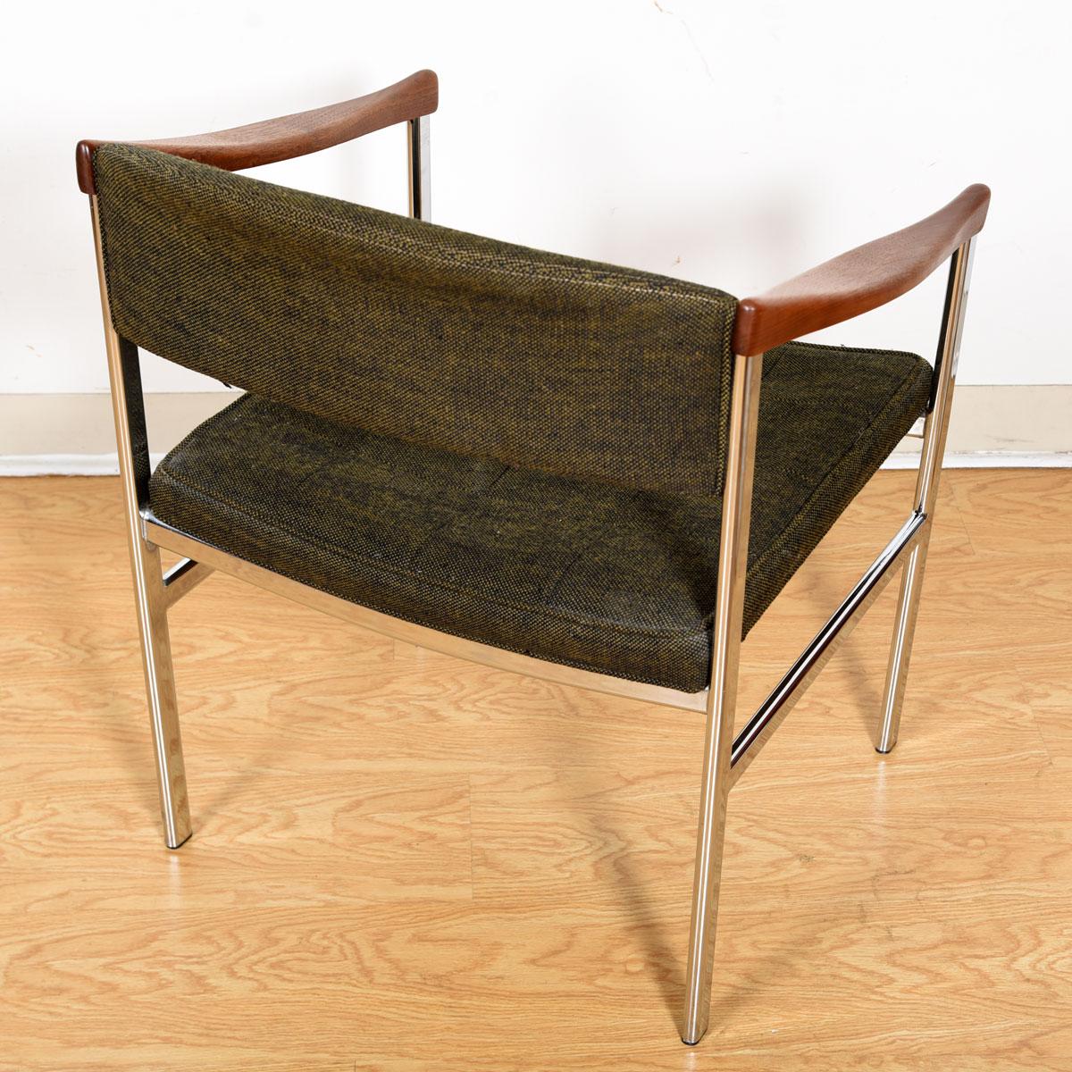 20th Century Midcentury Accent Chair with Chrome Legs + Sculpted Wood Armrests For Sale