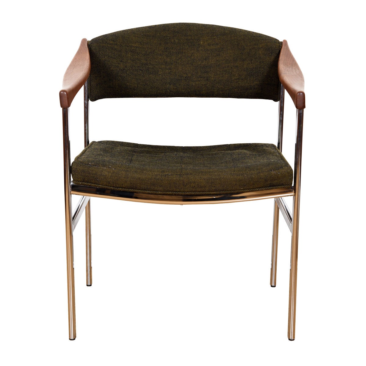 Midcentury Accent Chair with Chrome Legs + Sculpted Wood Armrests For Sale
