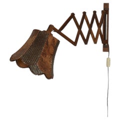 Mid-Century Accordion Wall Lamp, Dark Oak Pine, Wicker Leather Shade