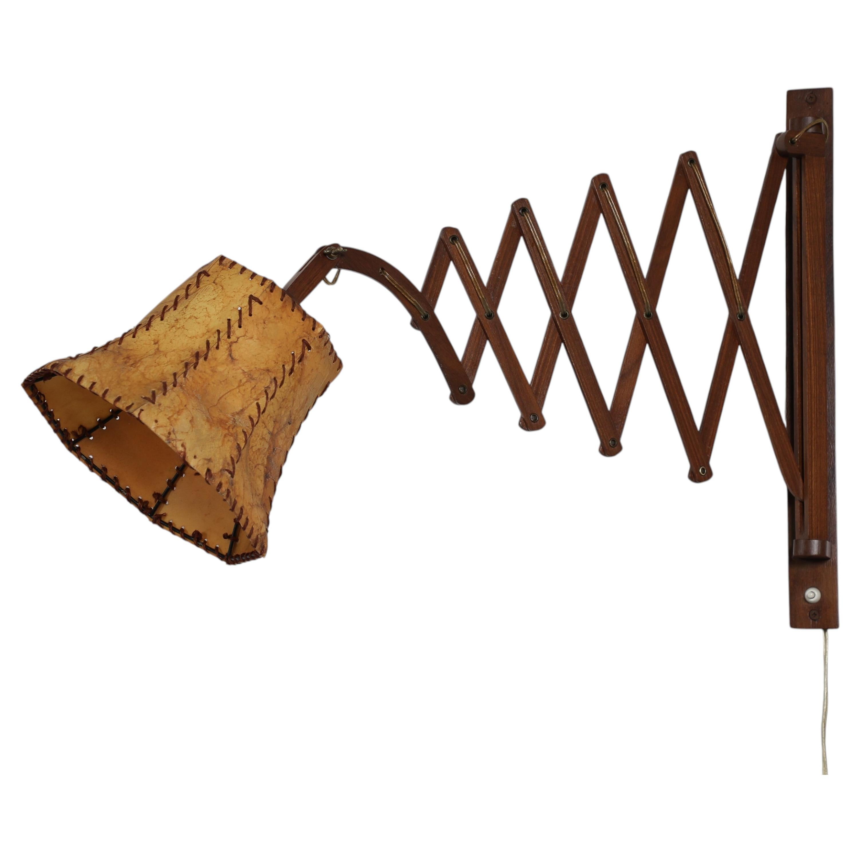 Mid-Century Accordion Wall Lamp, Dark Oak Stained Pine, Leather Shade For Sale