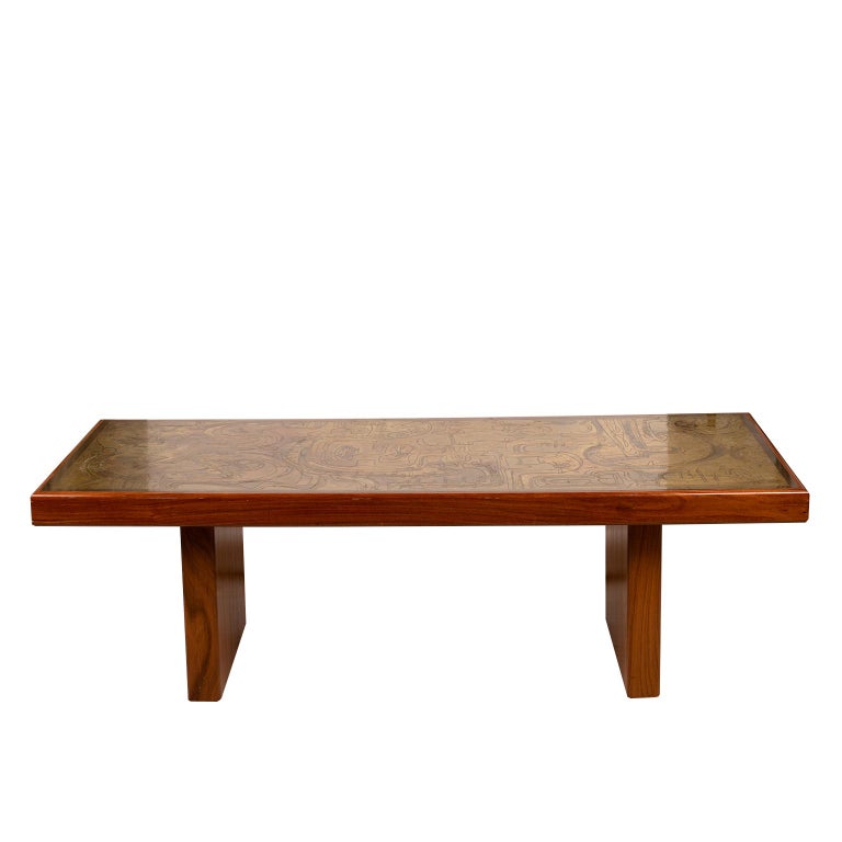Canadian Mid Century Acid Etched Patinated Brass and  Wood Coffee Table Signed Daz, 74. For Sale