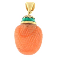 Mid-Century Acorn-Shaped 14K Yellow Gold Pendant with Orange Coral & Diamond