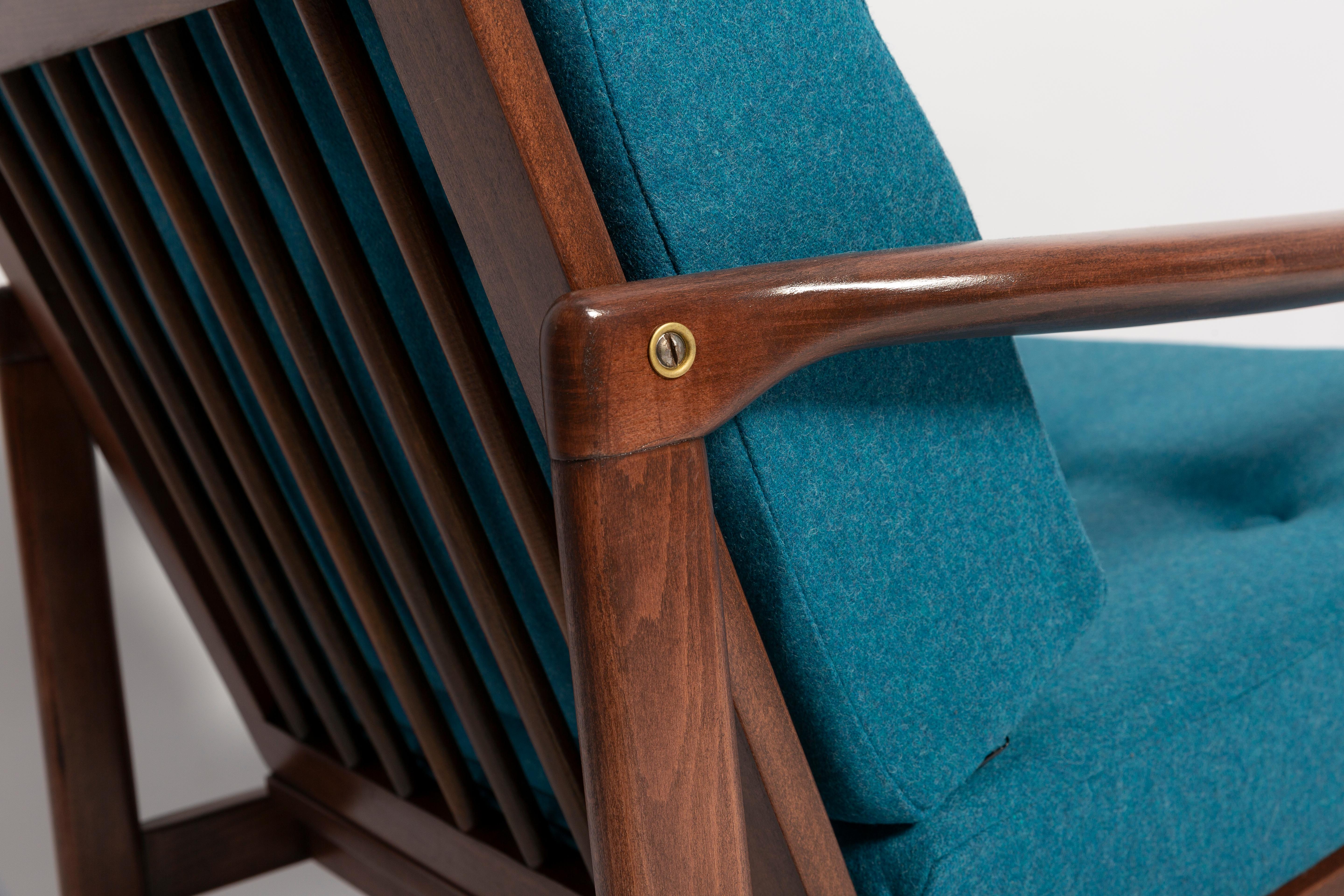 Sillón de lana azul Acqua de mediados de siglo, Zenon Baczyk, Polonia, años 60 Hecho a mano en venta